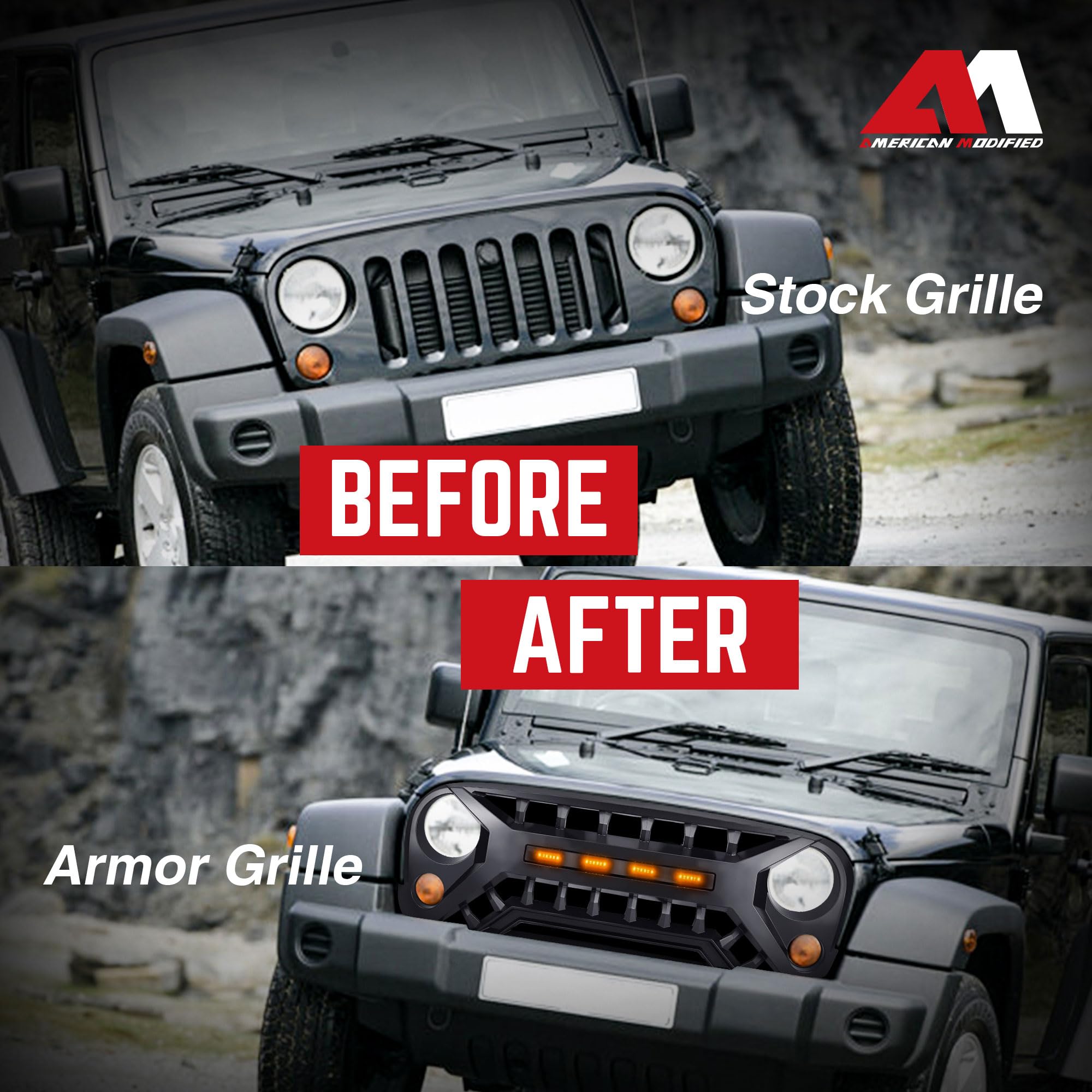 07-08 Jeep Wrangler JK Black AMERICAN MODIFIED Armor Grille with Amber Lights - Heavy Duty Off-Road Protection for Adventure & Trail Riding