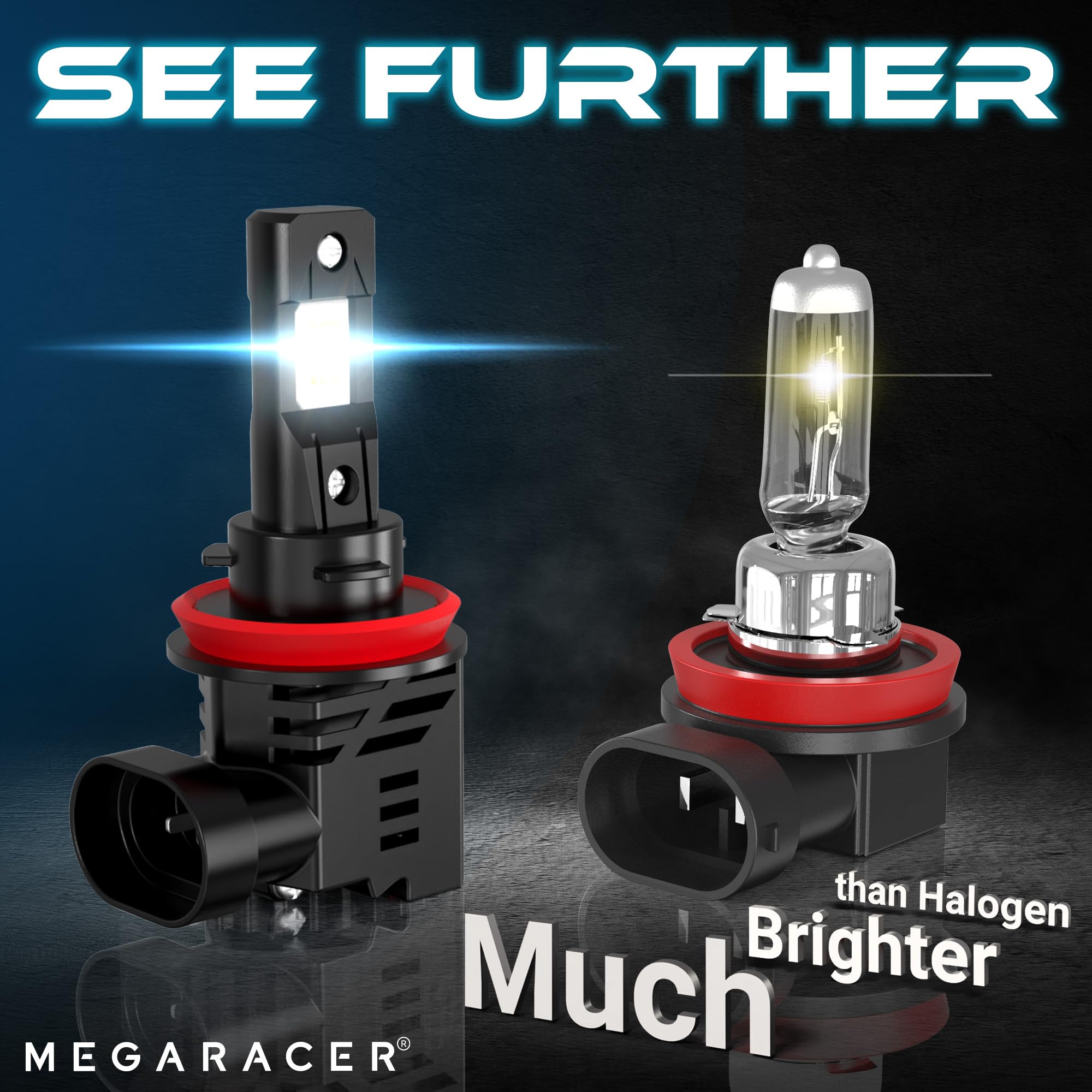 Mega Racer H11 H8 H9 LED Fog Light Bulbs - 700% Brighter 6500K Crystal White - Plug and Play Car Fog Lights for Enhanced Visibility in Rain & Snow - Pack of 2