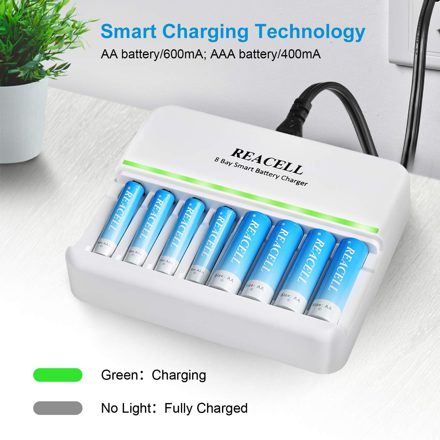 8 Slots AA AAA Battery Charger - 1.5V 8-Bay Fast Charging Station for Ni-MH Ni-CD Rechargeable Batteries - Perfect for Home, Office, and Travel Use