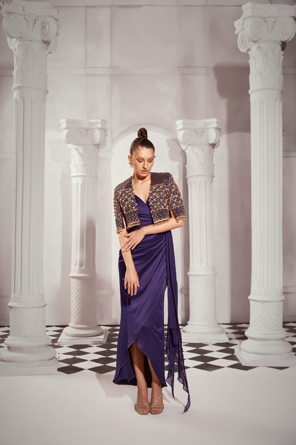 Elegant Navy Blue Draped Dress for Women - Formal Evening Gown & Cocktail Party Attire - Perfect for Weddings, Galas, and Special Occasions