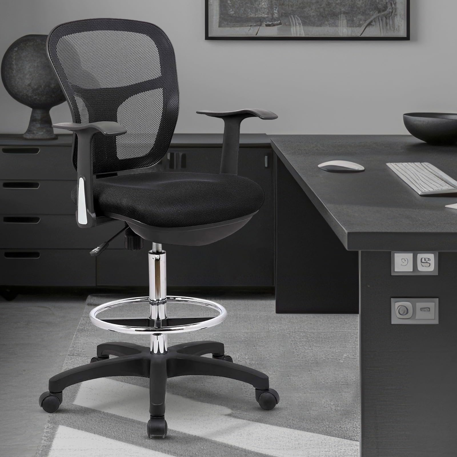 Ergonomic Drafting Chair with Arms & Footrest - Adjustable Height Office Chair for Standing Desks, Anti-Scratch Wheels - Perfect for Architects, Artists & Home Office Workspaces