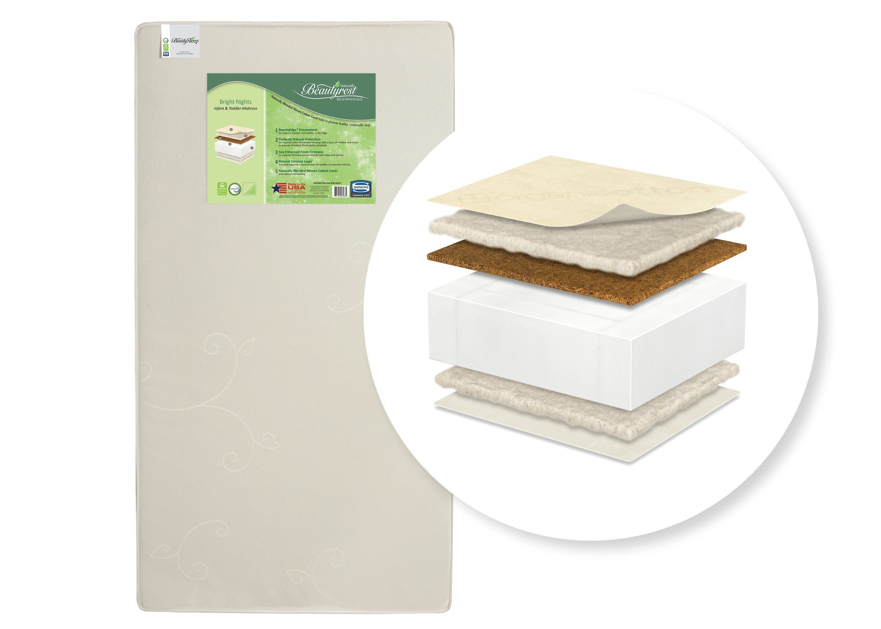 Simmons Kids BeautySleep® Naturally Bright Nights Crib & Toddler Mattress - Breathable, Hypoallergenic Baby Mattress for Safe Sleep | Perfect for Nursery, Daycare & Travel