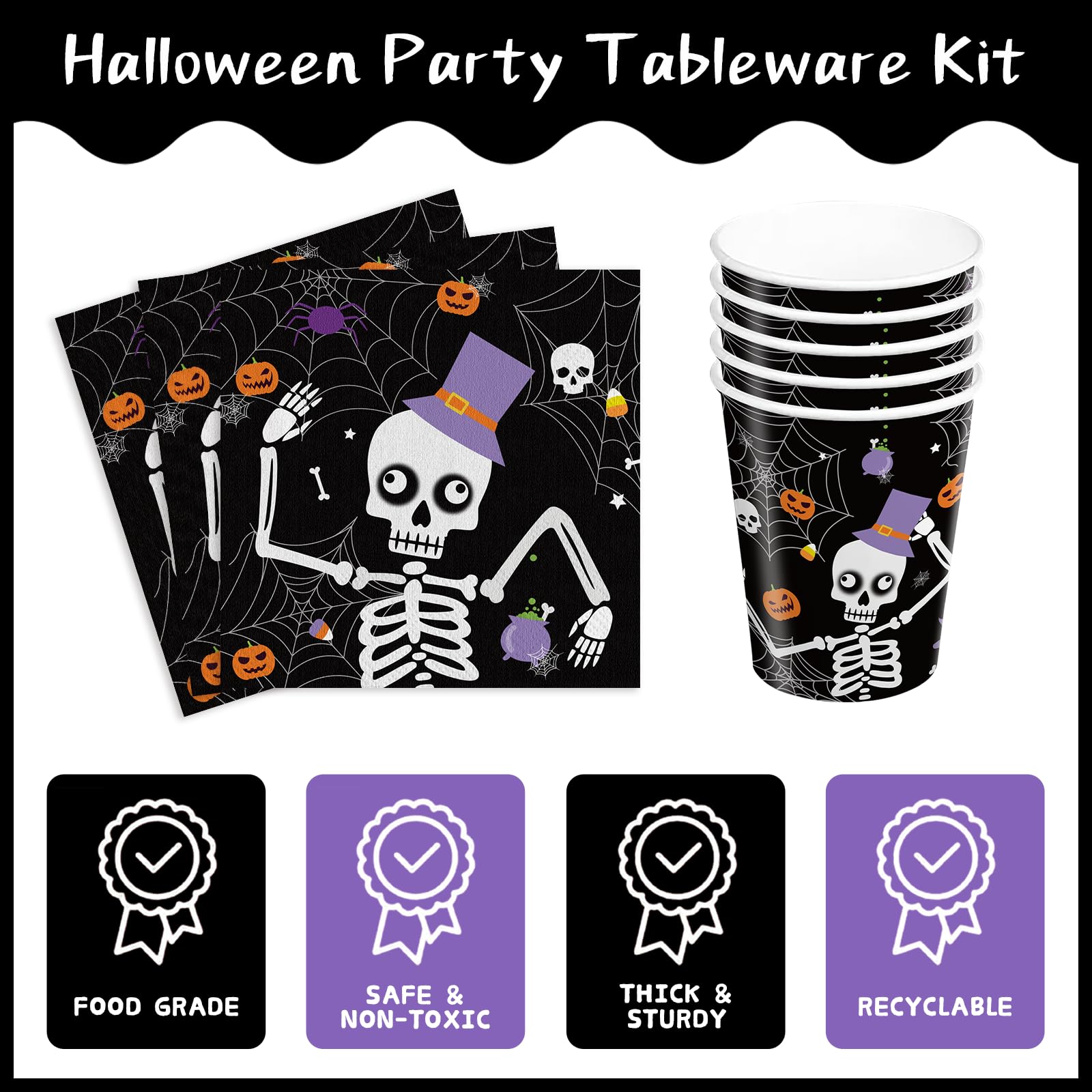 120-Piece Halloween Party Supplies Set - Skeleton Themed Disposable Tableware (Plates, Napkins, Cups & Forks) for 24 Guests - Perfect for Halloween Theme Parties, Trick-or-Treat Events & Spooky Decorations