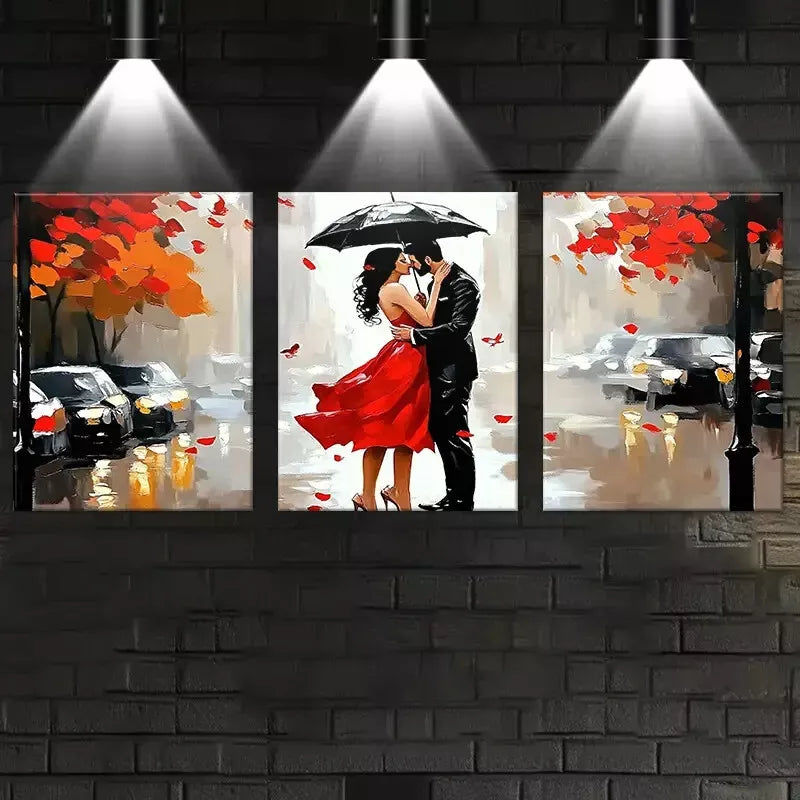 3-Piece Romantic Couple Walking in Rain with Umbrella Wall Art Set - 40x60cm Framed Canvas Prints | High Quality Australian Made | Perfect for Living Room, Bedroom & Office Decor