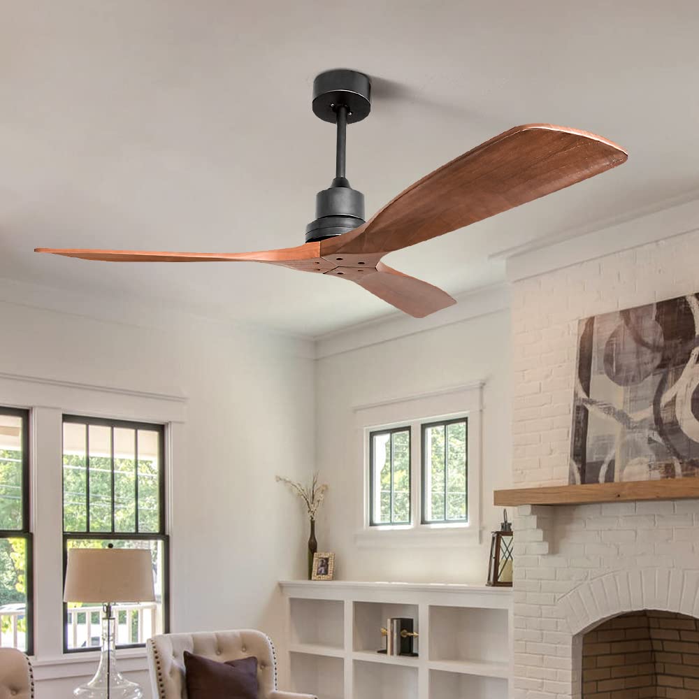 52 Inch Modern Farmhouse Ceiling Fan with Remote - 3 Reversible Carved Wood Blades, Quiet DC Motor, No Light - Perfect for Living Room, Bedroom & Patio Cooling