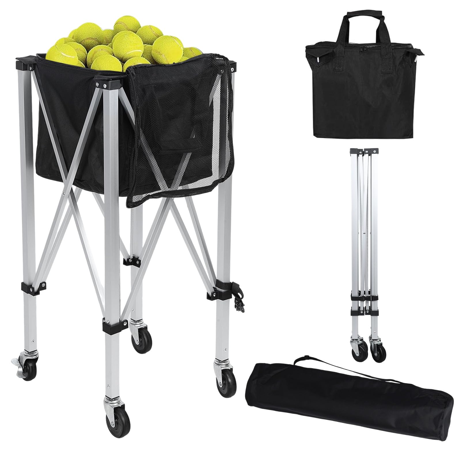 Foldable Tennis Ball Cart - Portable Tennis Ball Hopper with Wheels Holds 160 Balls | Lightweight Tennis Ball Carrier with Removable Bag & Side Pockets | Perfect for Tennis Practice, Coaching & Sports Training (1 Set)