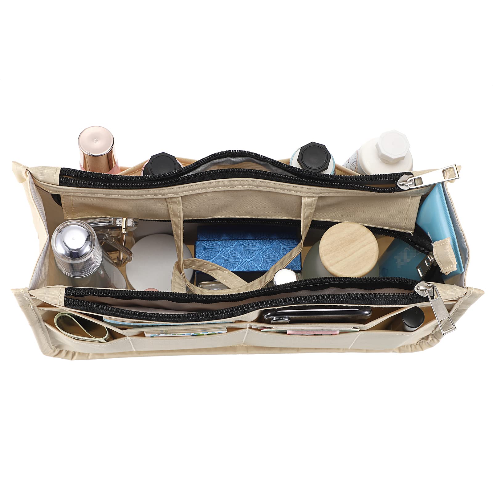 BTSKY Handbag Organizer Insert - 13 Pocket High Capacity Purse Organizer with Handle for Tote Bags, Beige | Perfect for Travel, Work & Daily Organization