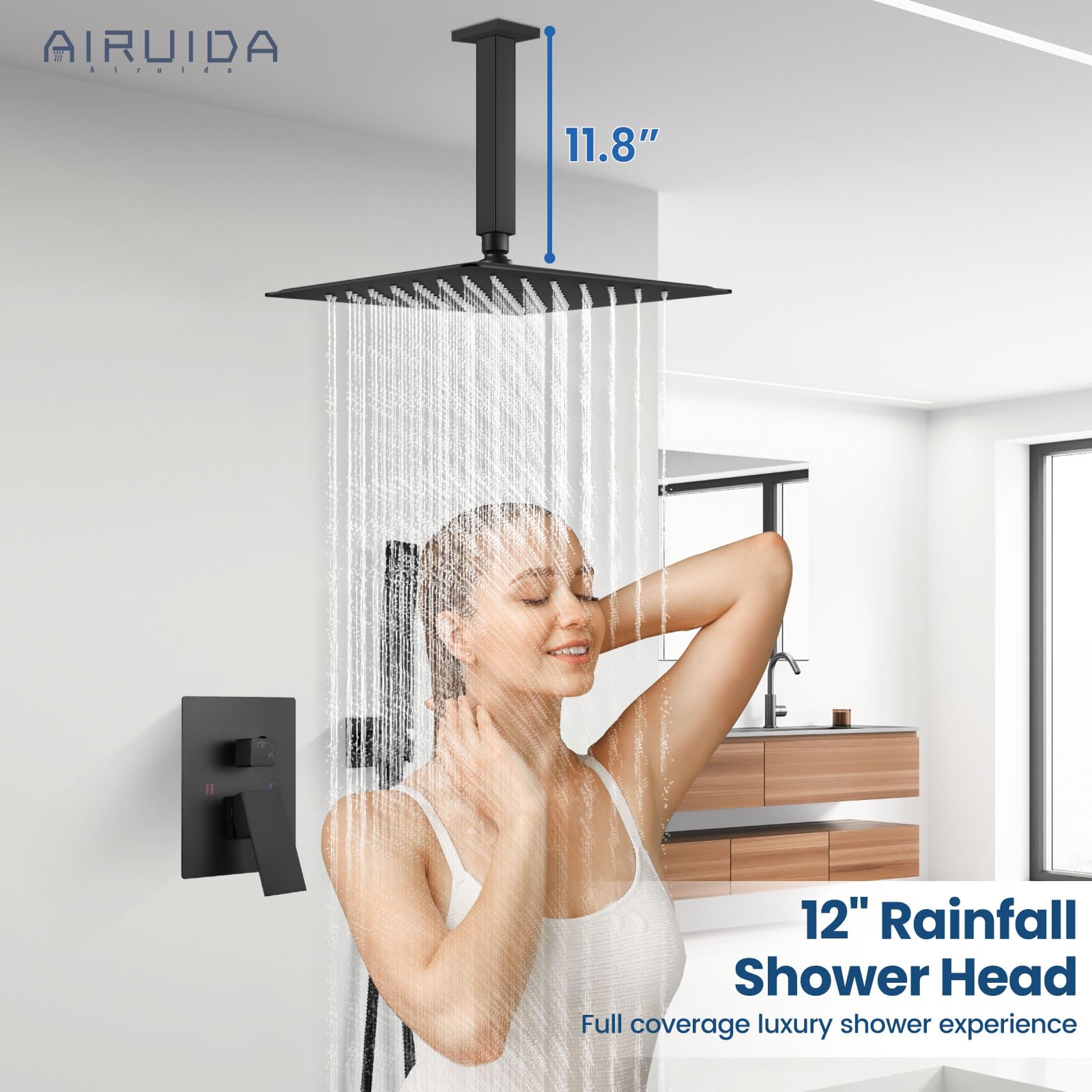 Airuida Matte Black 12 Inch Rainfall Shower System - Ceiling Mount Shower Faucet with SUS304 Ultra-Thin Shower Head & Brass Handheld Mixer Valve - Perfect for Modern Bathroom, Spa, and Luxury Home Renovation