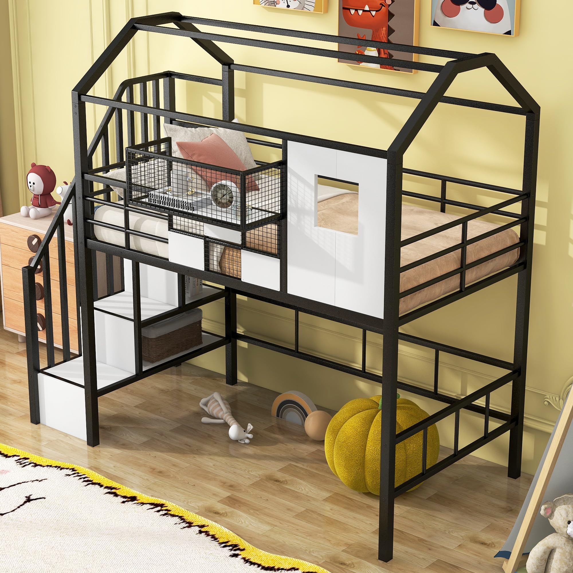 **Twin Size Loft Bed with Storage Stairs, Roof, Window & Guardrail – Metal House Loft Bed for Kids & Teens – Space-Saving Black Twin Loft Bed with Storage Box – Perfect for Small Rooms, Dormitories & Kids' Bedrooms**