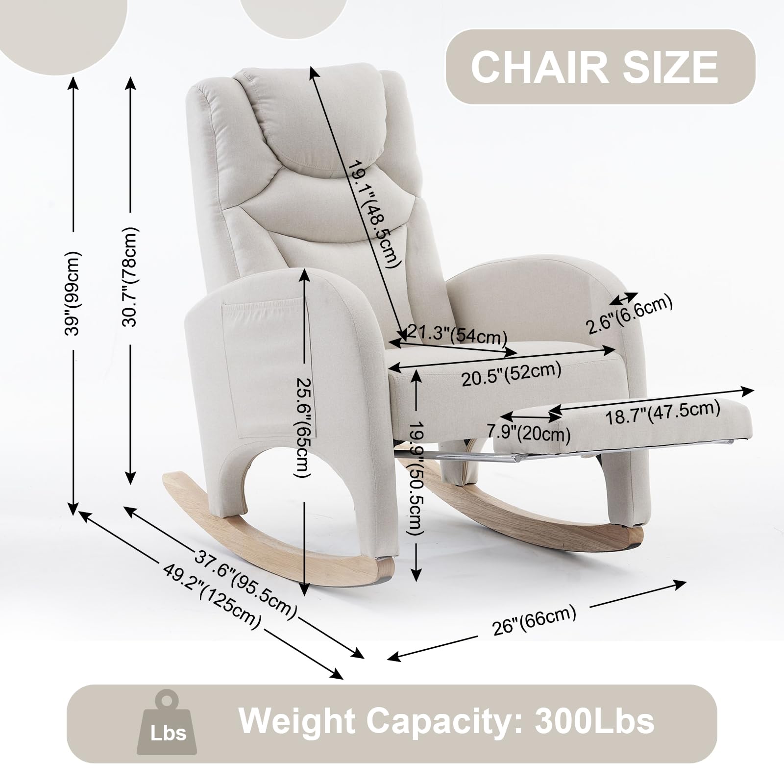 Comfy Cotton Linen Nursery Rocking Chair with Adjustable Footrest & High Backrest - Glider Rocking Armchair for Nursery, Bedroom or Living Room - Beige Accent Chair for Breastfeeding, Reading & Relaxing
