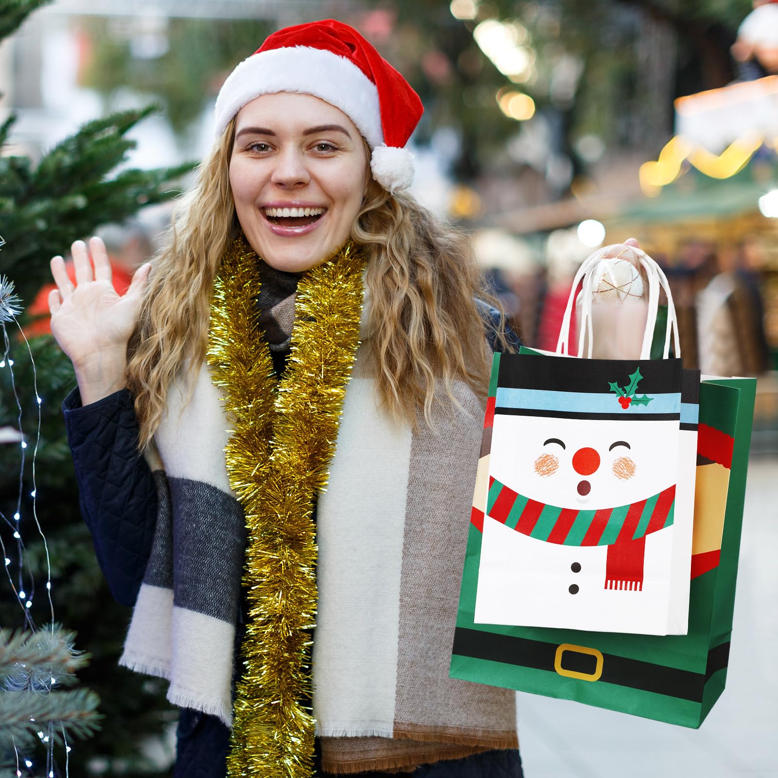 60 Pcs Christmas Kraft Gift Bags Bulk with Handles - Assorted Sizes Holiday Party Favor Bags for Candy, Treats & Gifts - Xmas Goodie Bags for Wrapping, Stocking Stuffers & Classroom Exchanges (Santa Theme)