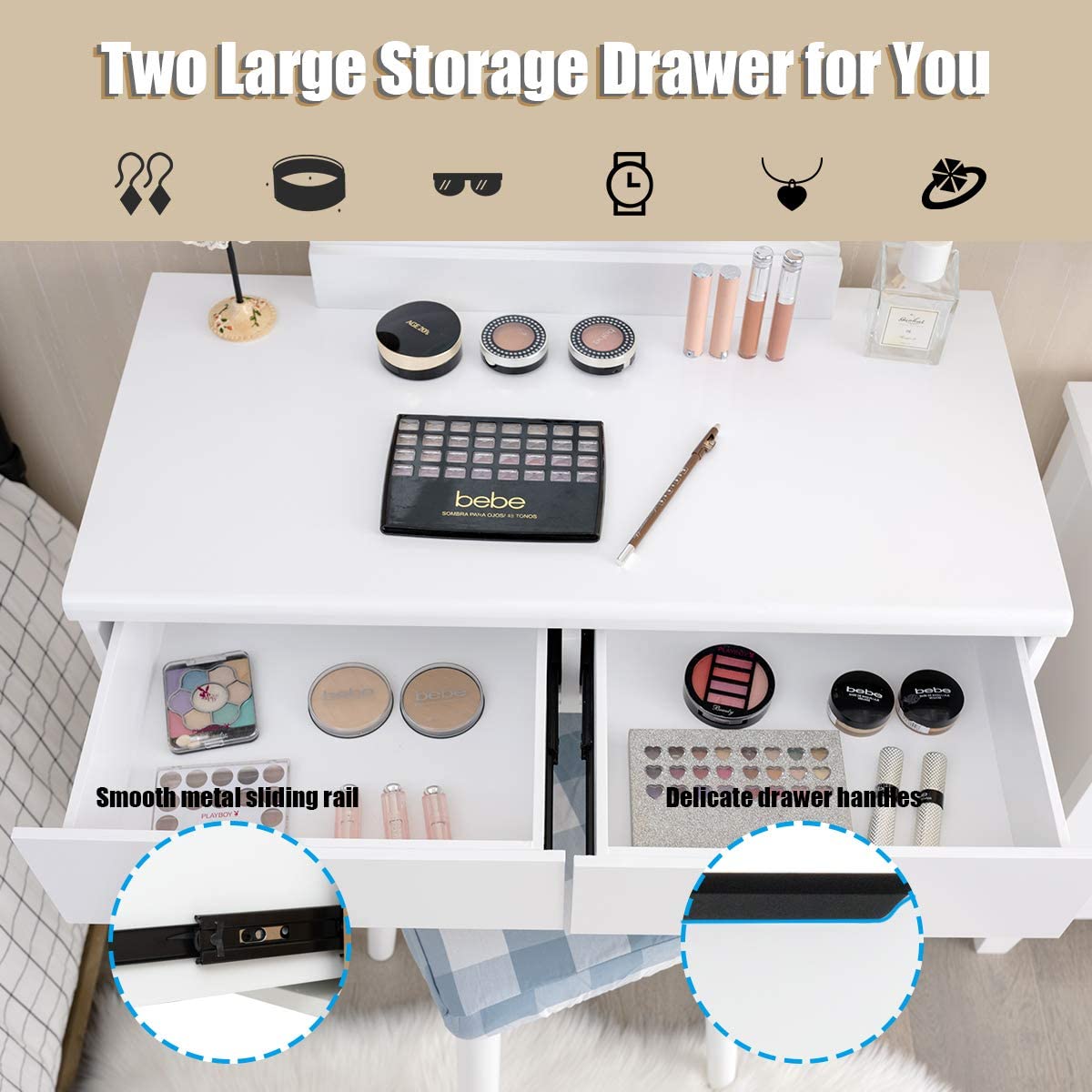 Giantex White Vanity Set with Round Lighted Mirror - Adjustable Brightness Makeup Dressing Table with 8 LED Bulbs, Cushioned Stool & 2 Sliding Drawers | Perfect for Bedroom, Dorm Room & Bridal Makeup Station