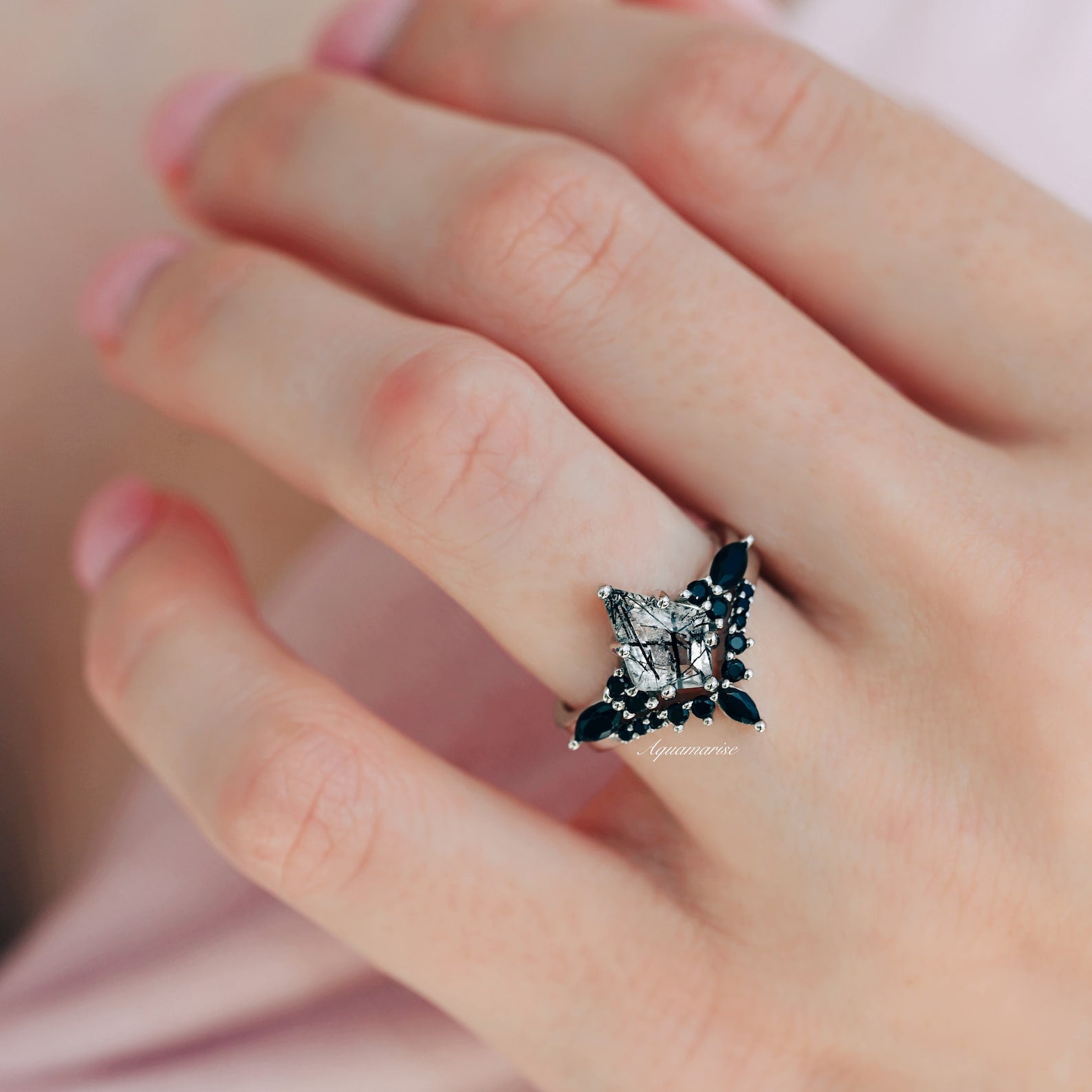 Skye Kite™ Rutilated Quartz & Black Onyx Sterling Silver Ring Set for Women - Elegant Jewelry Gift for Birthday, Anniversary & Special Occasions