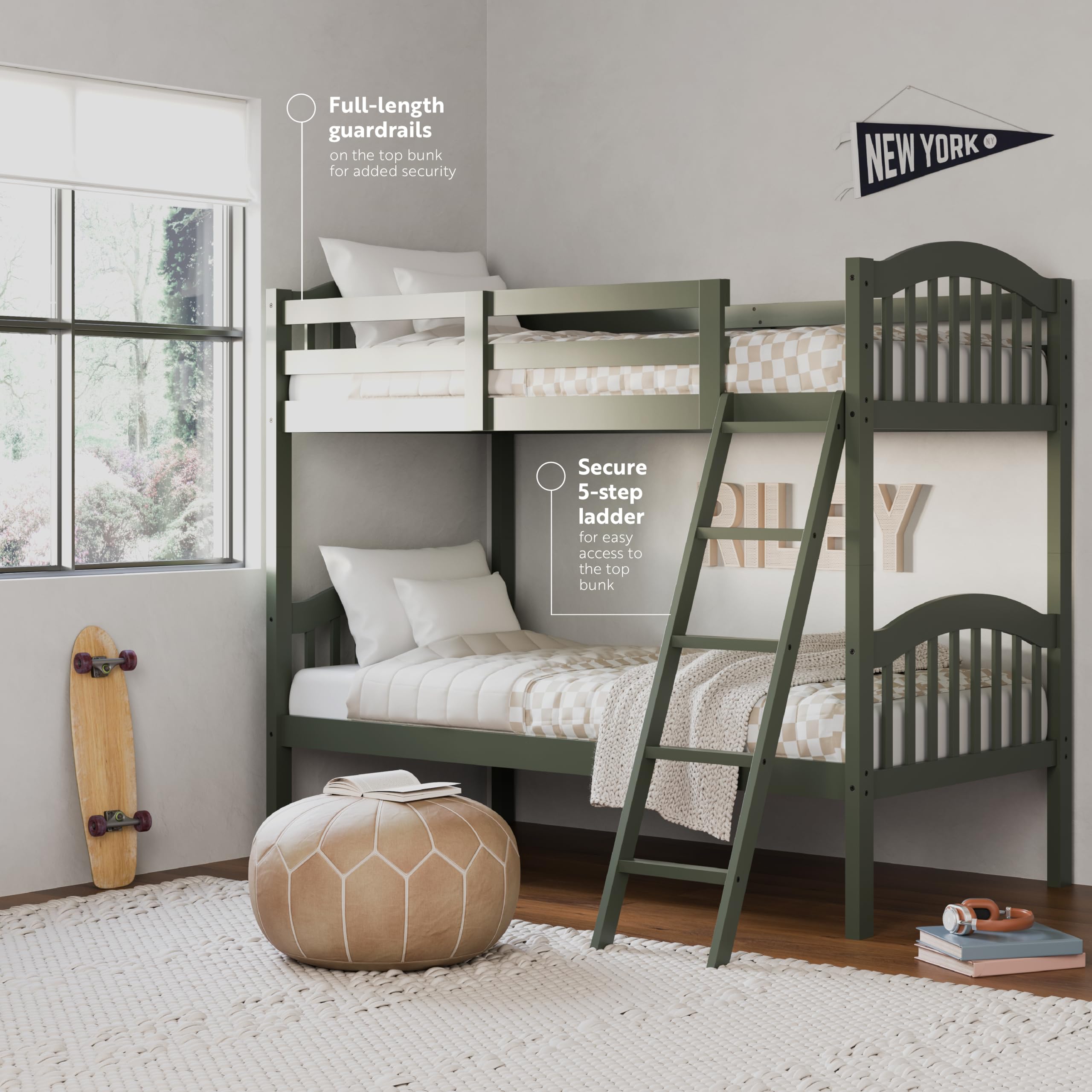 Storkcraft Long Horn Twin-Over-Twin Bunk Bed in Olive - GREENGUARD Gold Certified, Converts to 2 Separate Twin Beds, Sturdy Wood Slats, Space-Saving Kids Bunk Bed for Siblings or Sleepovers - Perfect for Small Bedrooms, Guest Rooms, and Kids' Shared Spaces