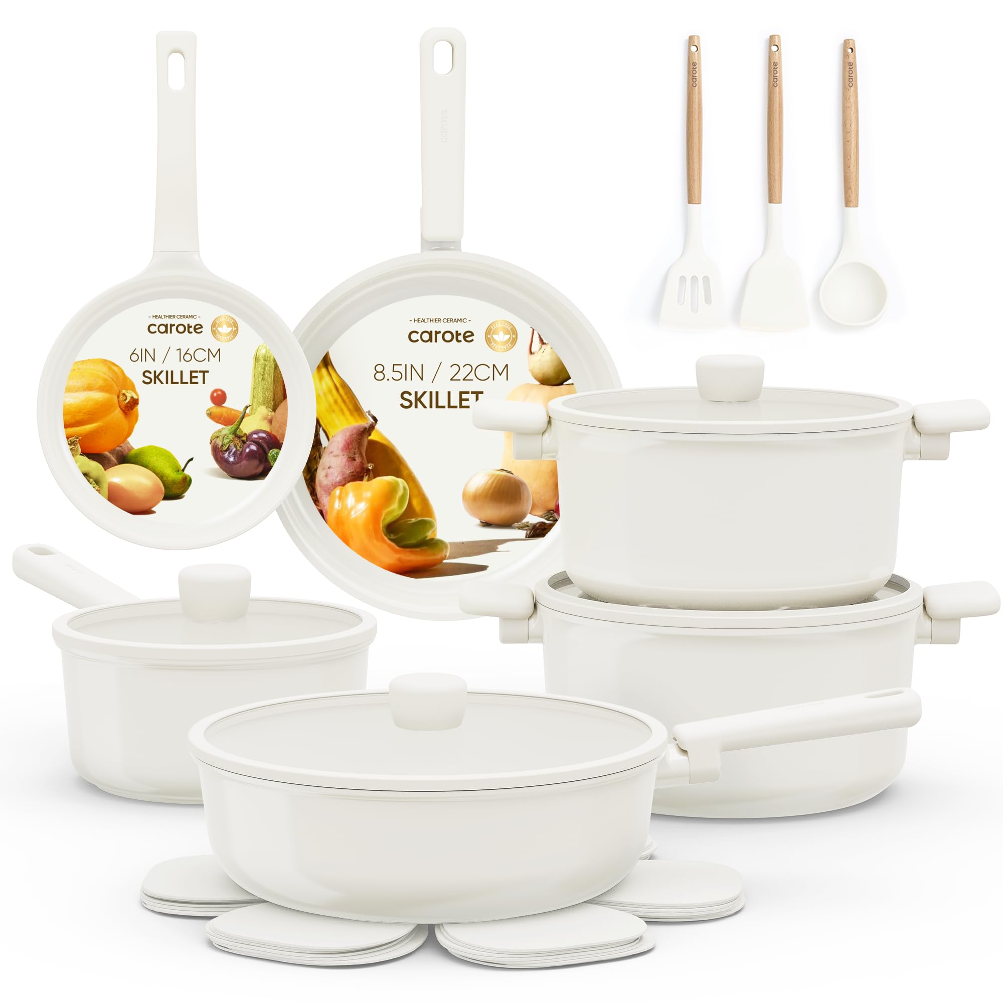 CAROTE 18-Piece Nonstick Ceramic Cookware Set - PFAS/PFOA Free, Non-Toxic Pots and Pans Set with Large Capacity - Perfect for Healthy Cooking, Baking & Family Meals | Cream White Kitchen Essentials