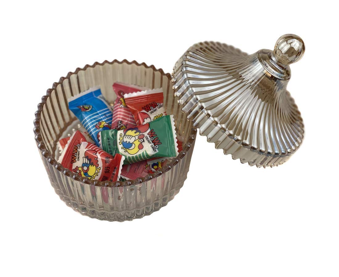 10Oz Crystal Glass Candy Dish with Lid - Decorative Covered Food Storage Container for Sugar, Cookies, Biscuits & Seasonings - Perfect for Home Kitchen, Party Serving & Gift Giving (280ML, Brown)