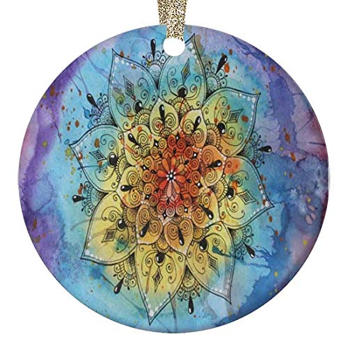 Custom Round Glossy Ceramic Christmas Ornament - Hand-Painted Watercolor Mandala Lotus Design, Includes Gold String & Gift Box (2.87