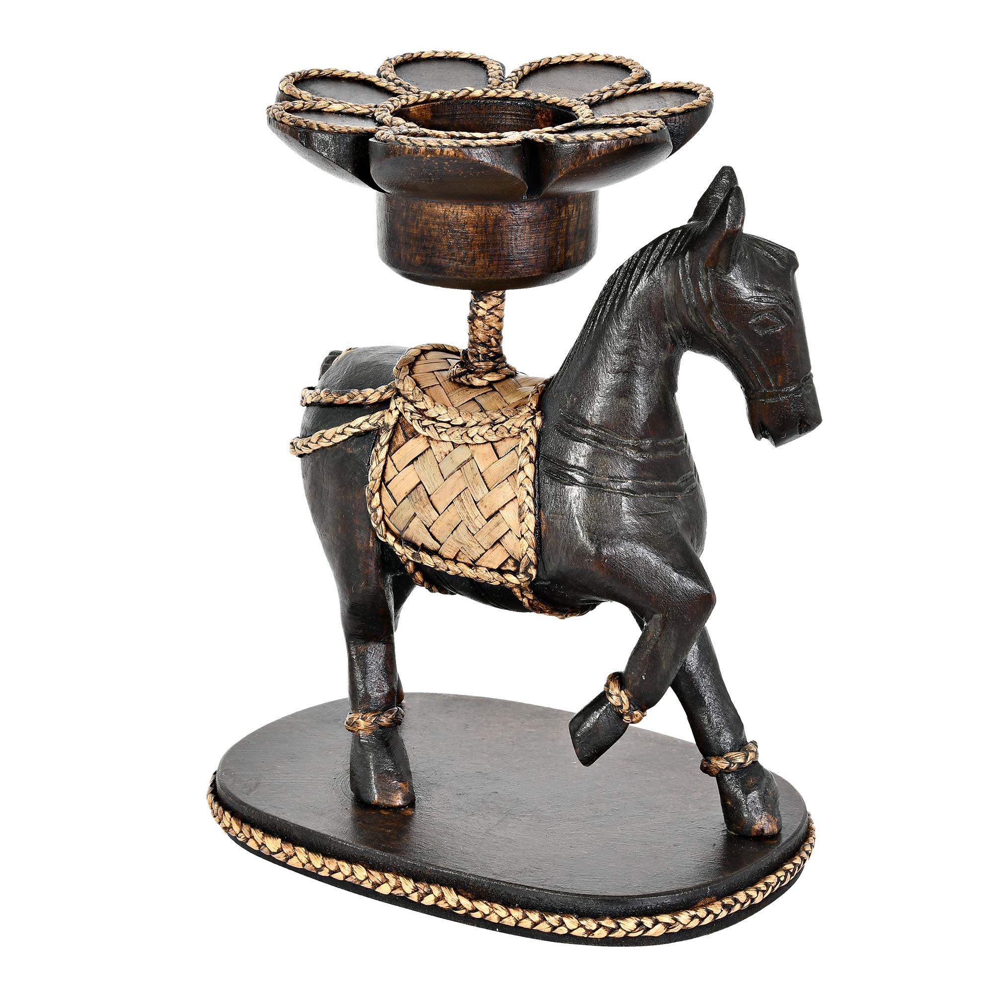 AeraVida Majestic Prancing Horse & Lotus Carved Rain Tree Wood Candle Holder - Handcrafted Home Decor for Living Room, Bedroom, Dining Table - Perfect for Romantic Dinners, Spa Relaxation & Holiday Centerpieces