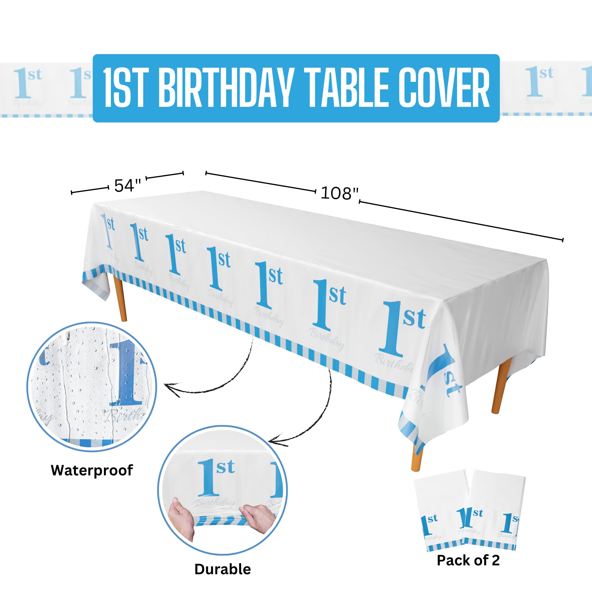 Blue Orchards 1st Birthday Table Covers (Pack of 2) - 54x108 Inch XL Tablecloth for Boys - First Birthday Party Decorations, Baby Boy Birthday Supplies - Perfect for 1 Year Old Birthday Celebrations, Baby Showers & Milestone Parties