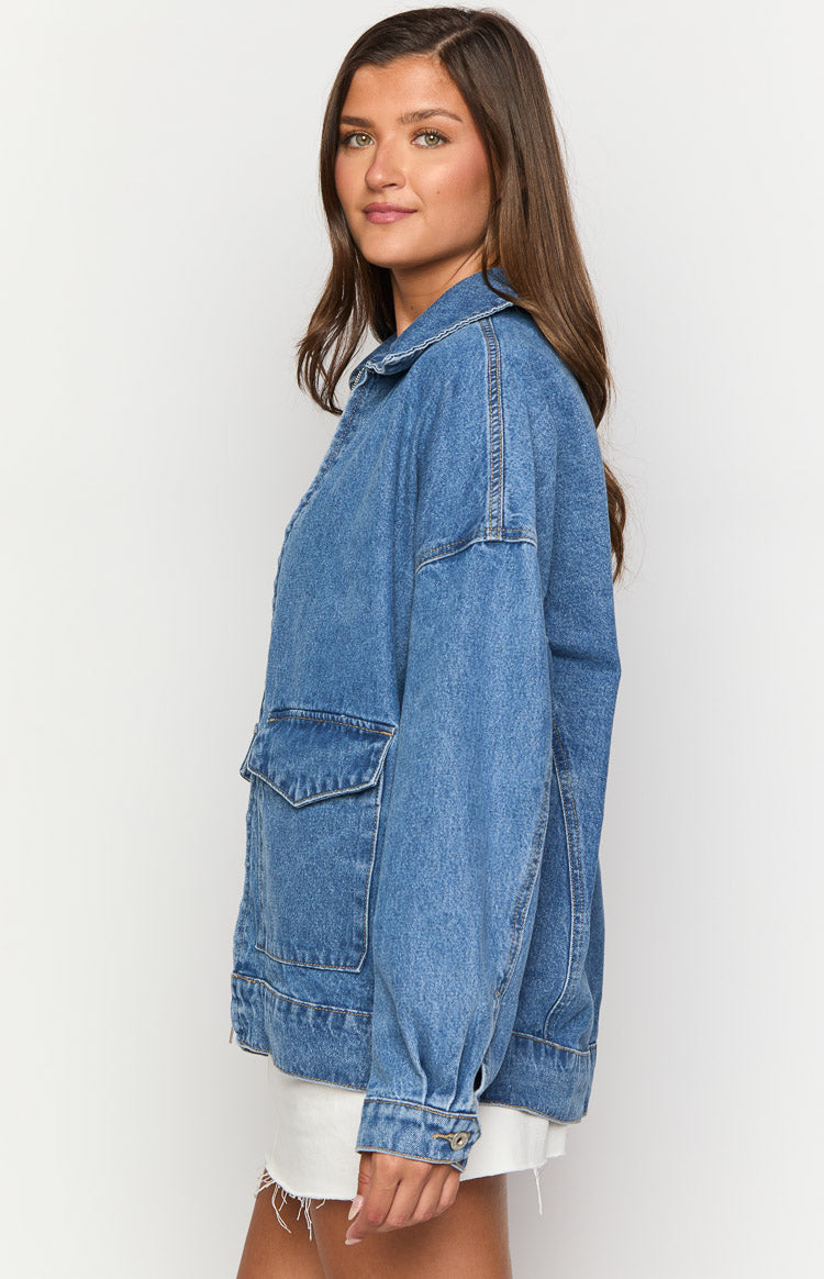 Abigail Mid Wash Denim Bomber Jacket for Women - Vintage Style Denim Jacket with Front Pockets - Perfect for Casual Outfits, Streetwear & Fall Layering
