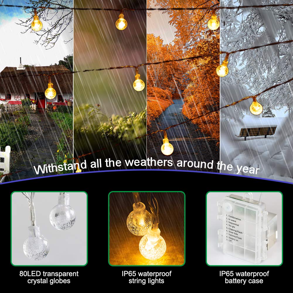 Metaku 33ft 80LED Globe Fairy String Lights with Remote - Waterproof Battery Operated Indoor/Outdoor Decorative Lighting for Christmas, Wedding, Party, Patio & Garden - Perfect for Home Decor, Backyard Ambiance and Holiday Celebrations