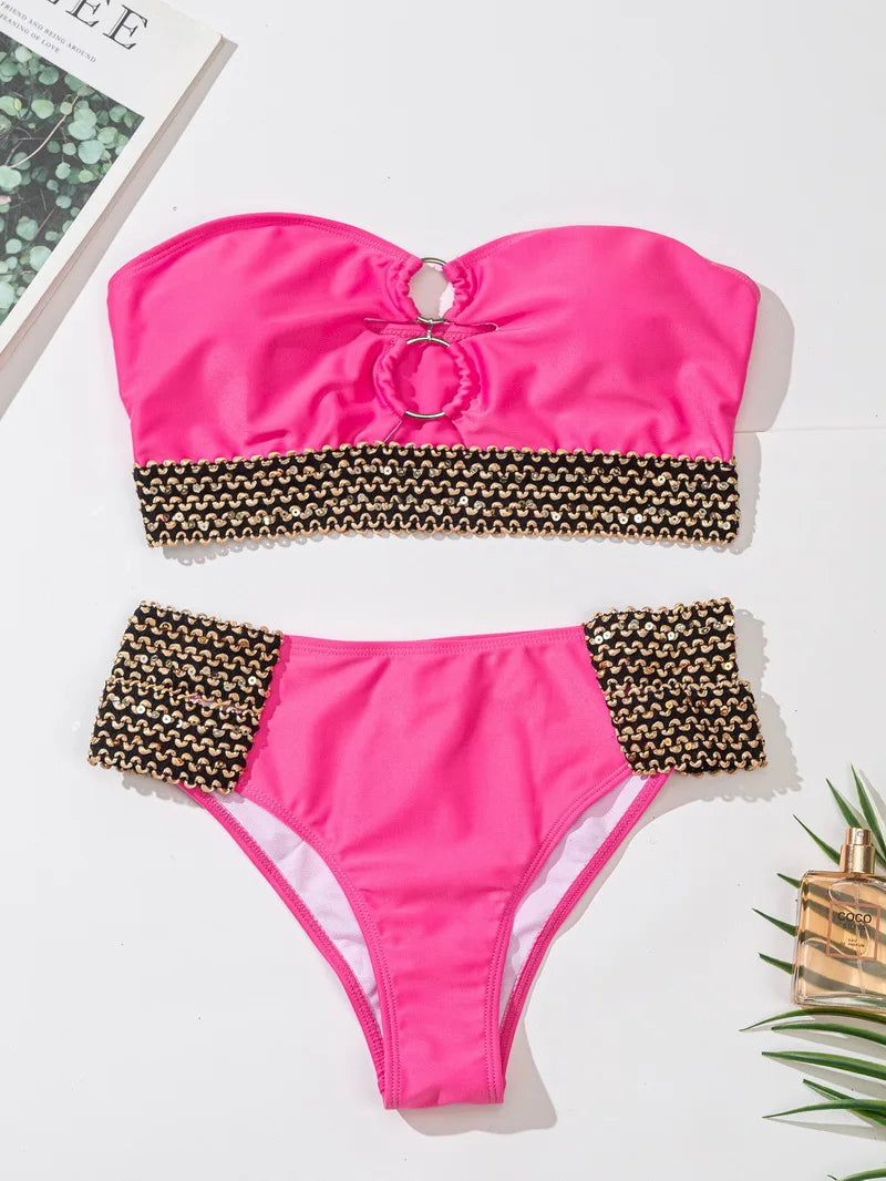 2024 Women's Strapless Bandeau Bikini Set - Brazilian Thong Swimwear with Sequin Braiding | Beach Vacation, Pool Party, Summer Fashion