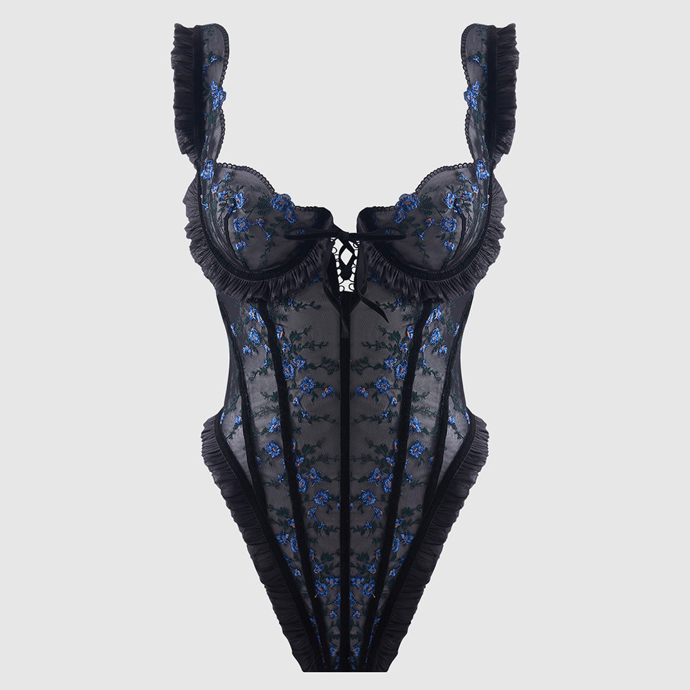 House of Desire Harper Floral Embroidery Ruffle Mesh Teddy Lingerie Set - Sexy Lace Underwear for Women, Romantic Valentine's Gift - Perfect for Date Night & Boudoir Photography