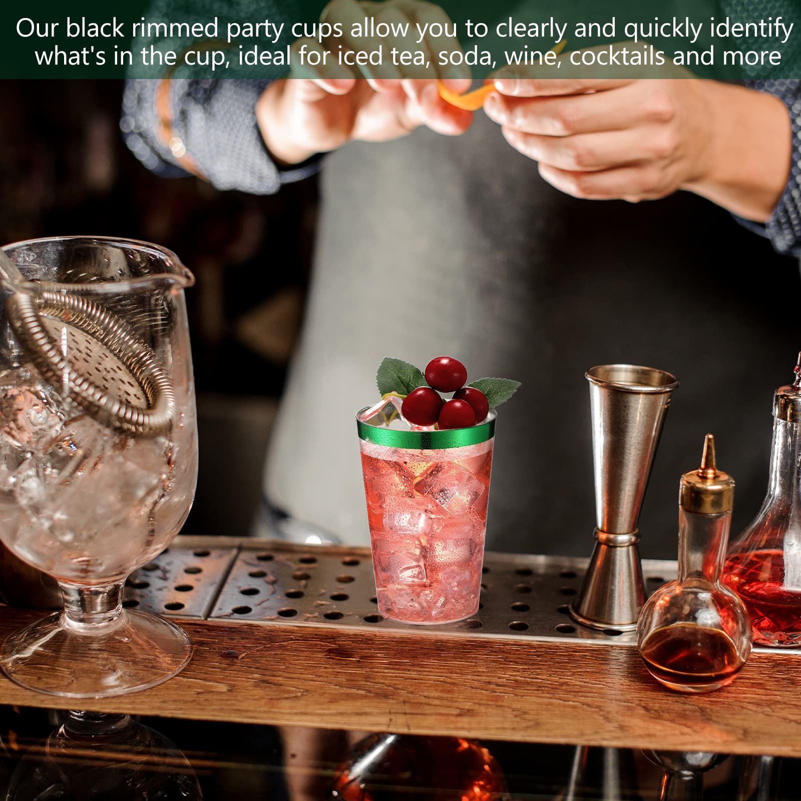 100 Pack 12 oz Clear Plastic Disposable Cups with Rim - Elegant Tumblers for Wine, Coffee & Cocktails - Perfect for Birthday, Wedding & Party Events (Green) - Durable & Stylish Drinkware for Home, Office & Outdoor Gatherings