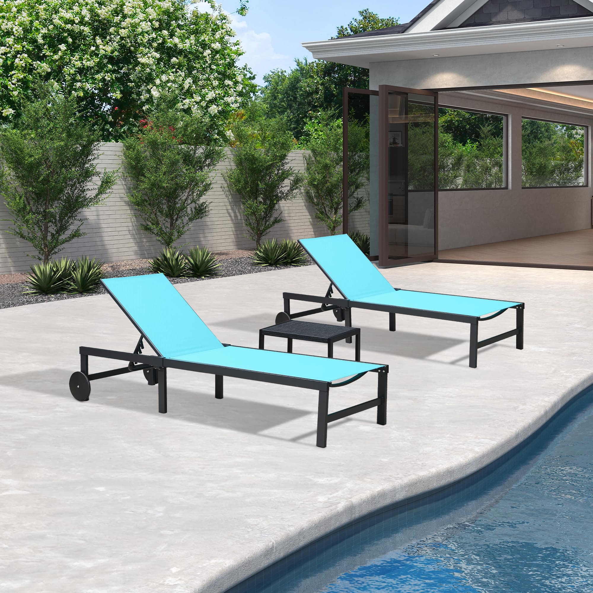 PURPLE LEAF Outdoor Chaise Lounge Chairs Set - Adjustable Aluminum Recliner with Wheels & Side Table - Perfect for Poolside, Beach, Patio & Sunbathing - Blue