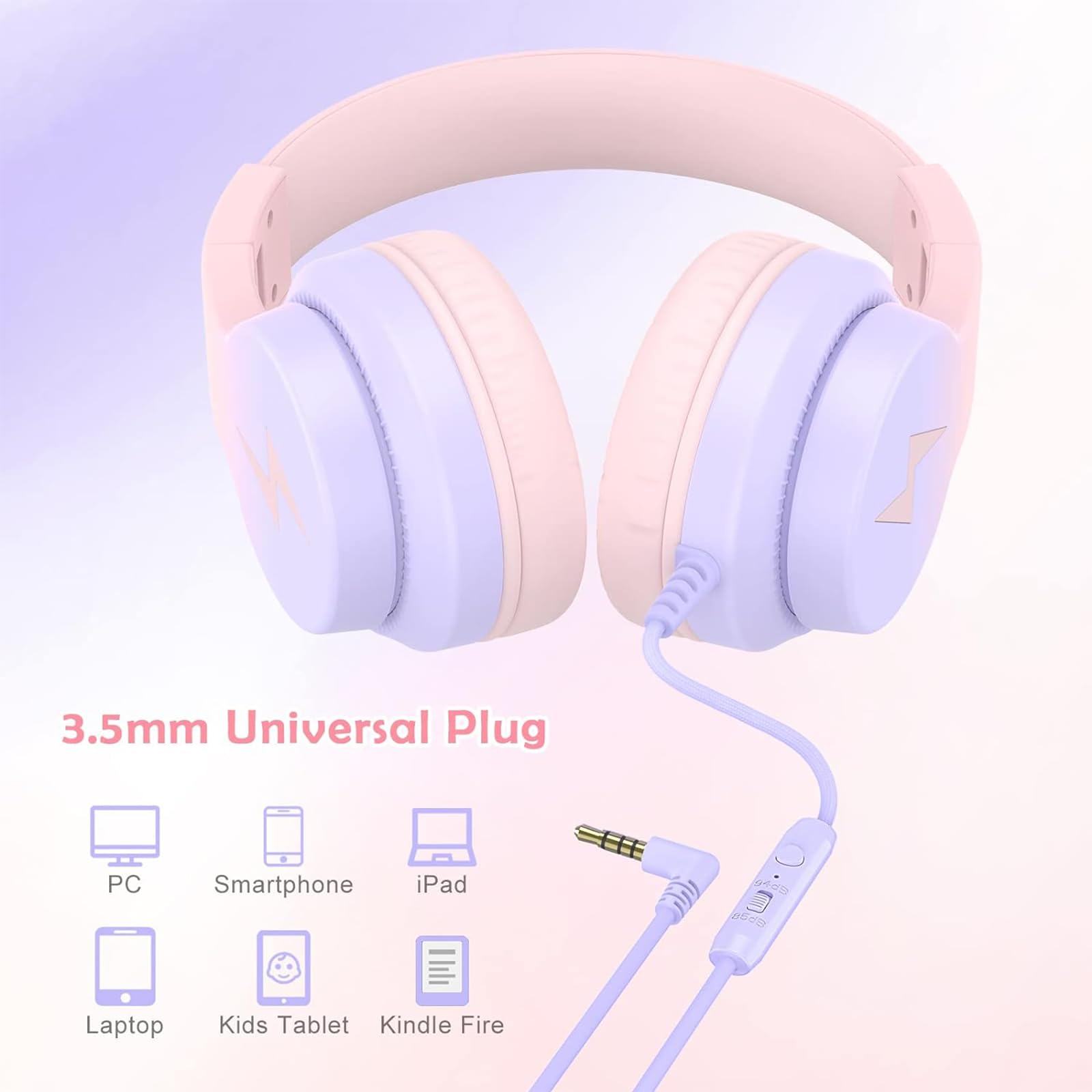 Kids Headphones with Microphone - 85/94dB Volume Limiting Wired Over-Ear Headphones for Boys & Girls, Foldable Design for School, Travel & Home Use - Gradient Pink Learning & Entertainment Headphones