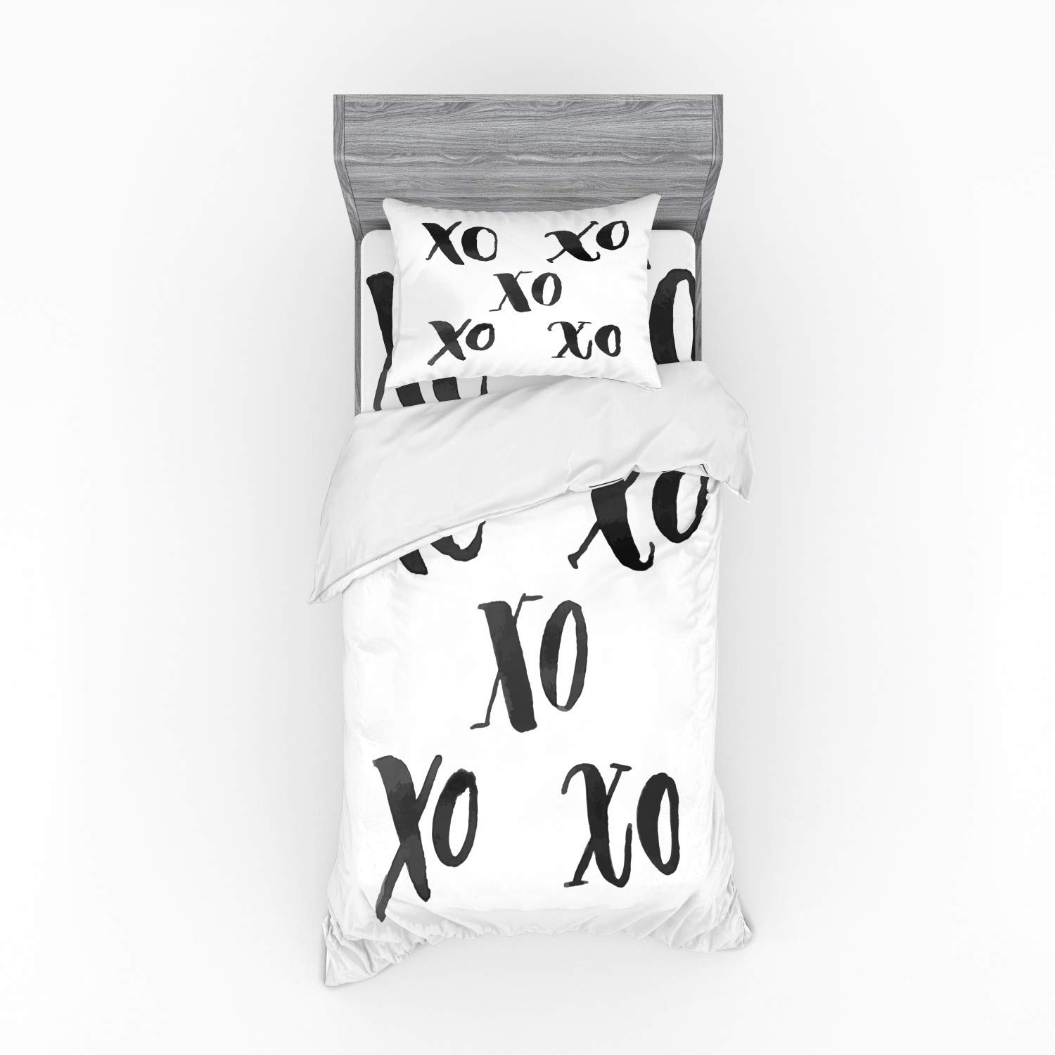 Ambesonne XO Duvet Cover Set - Classic Calligraphy Romance Print with Hugs & Kisses Letters, 3-Piece Bedding Set Includes Sham & Fitted Sheet, Twin Size, Black & White - Perfect for Romantic Bedrooms, Guest Rooms & Anniversary Gifts