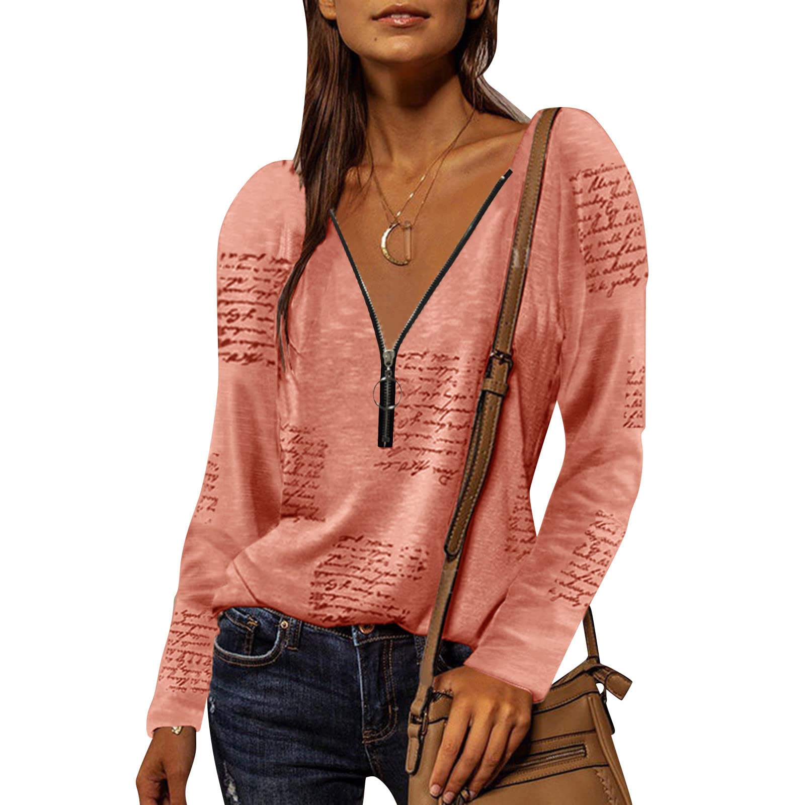 Trendy Women's Sexy V-Neck Zipper Print T-Shirt - Fashion Letter Graphic Blouse for Plus Size - Perfect for Casual Wear, Night Out & Street Style