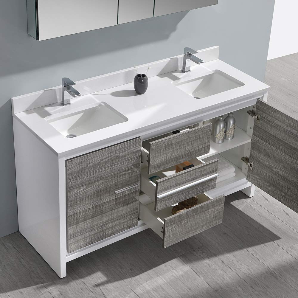 Fresca Allier Rio 60 Inch Modern Bathroom Vanity with Double Sink & Medicine Cabinet in Ash Gray - Perfect for Master Bathrooms and Guest Suites