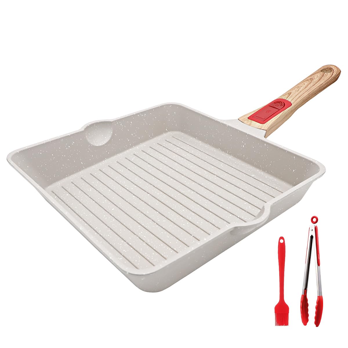 9.5 Inch Nonstick Square Grill Pan - Cast Aluminum Steak Pan with Detachable Handle, Oven & Dishwasher Safe, Double Pour Spouts (White) - Perfect for Indoor Grilling, BBQ, and Cooking Steaks, Burgers, and Vegetables