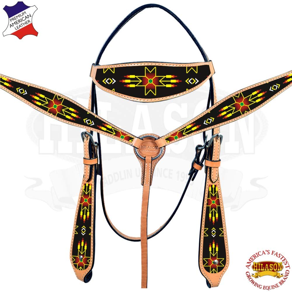 HILASON Western Horse Headstall & Breast Collar Set - Genuine American Leather with Beaded Design | Durable Leather Headstall & Breast Collar | Complete Horse Tack Set for Trail Riding, Rodeo & Ranch Work