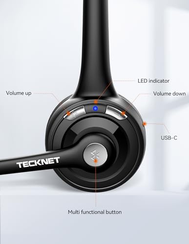 TECKNET Wireless Bluetooth Headset with Noise Cancelling Microphone - Hands-Free Headphones for Truckers, Call Centers, Office & Home Use - Compatible with PC, Cellphone (Includes USB Dongle) - Perfect for Conference Calls, Online Meetings & Driving