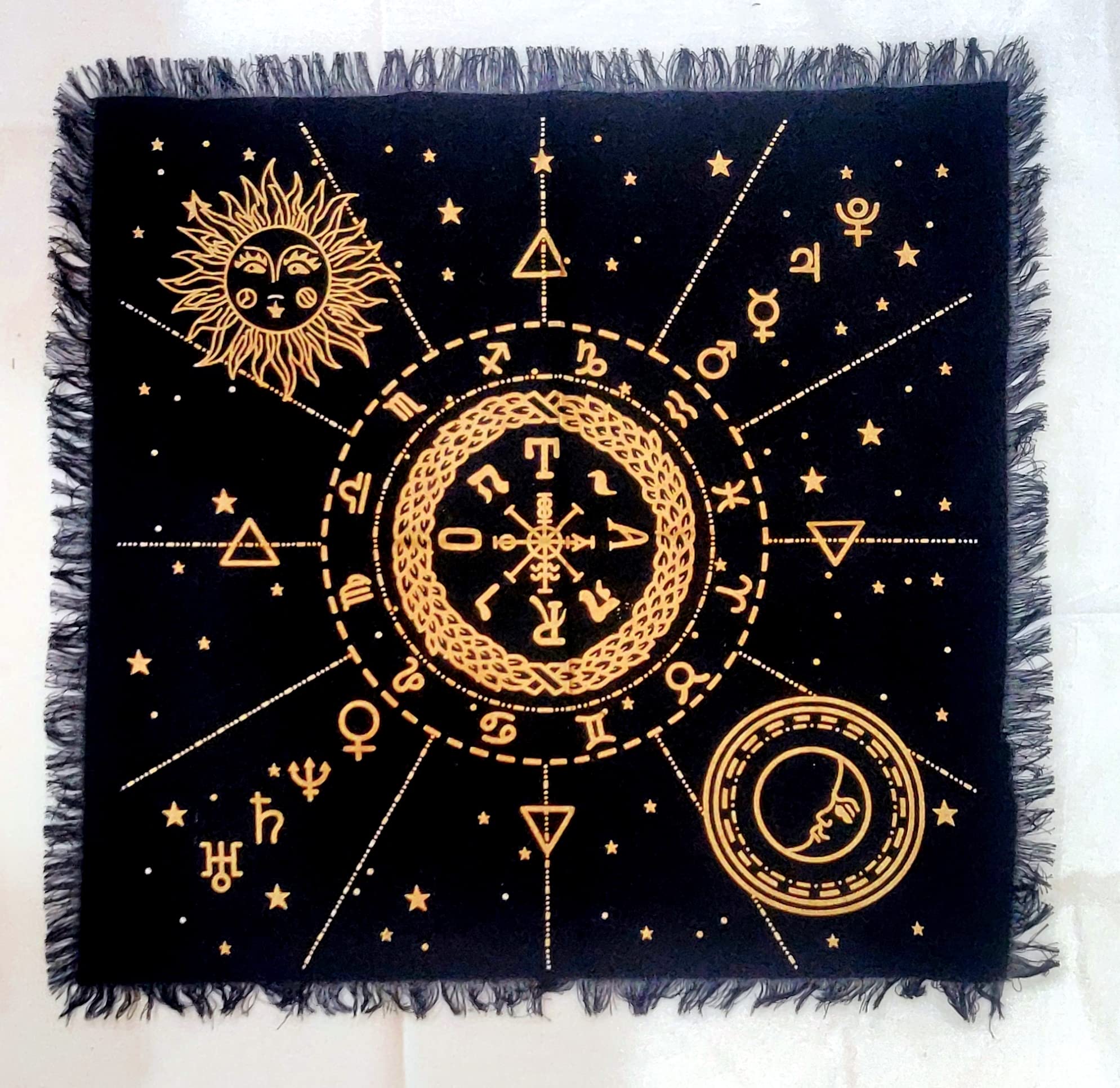 INDACORIFY Celestial Constellation Altar Cloth - 18x18 Inch Golden Tarot Spread with Fringes for Witchcraft, Wicca & Spiritual Practices | Perfect for Rituals, Divination & Sacred Space Decor