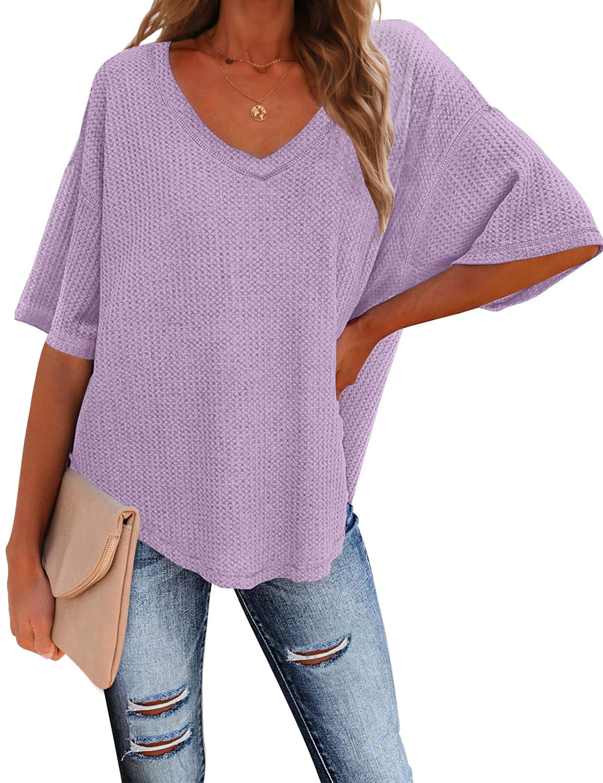 MEROKEETY Women's V Neck Batwing Half Sleeve Waffle Knit Blouse - Loose Fit Casual Solid Color Top for Work, Date Night & Weekend Outings