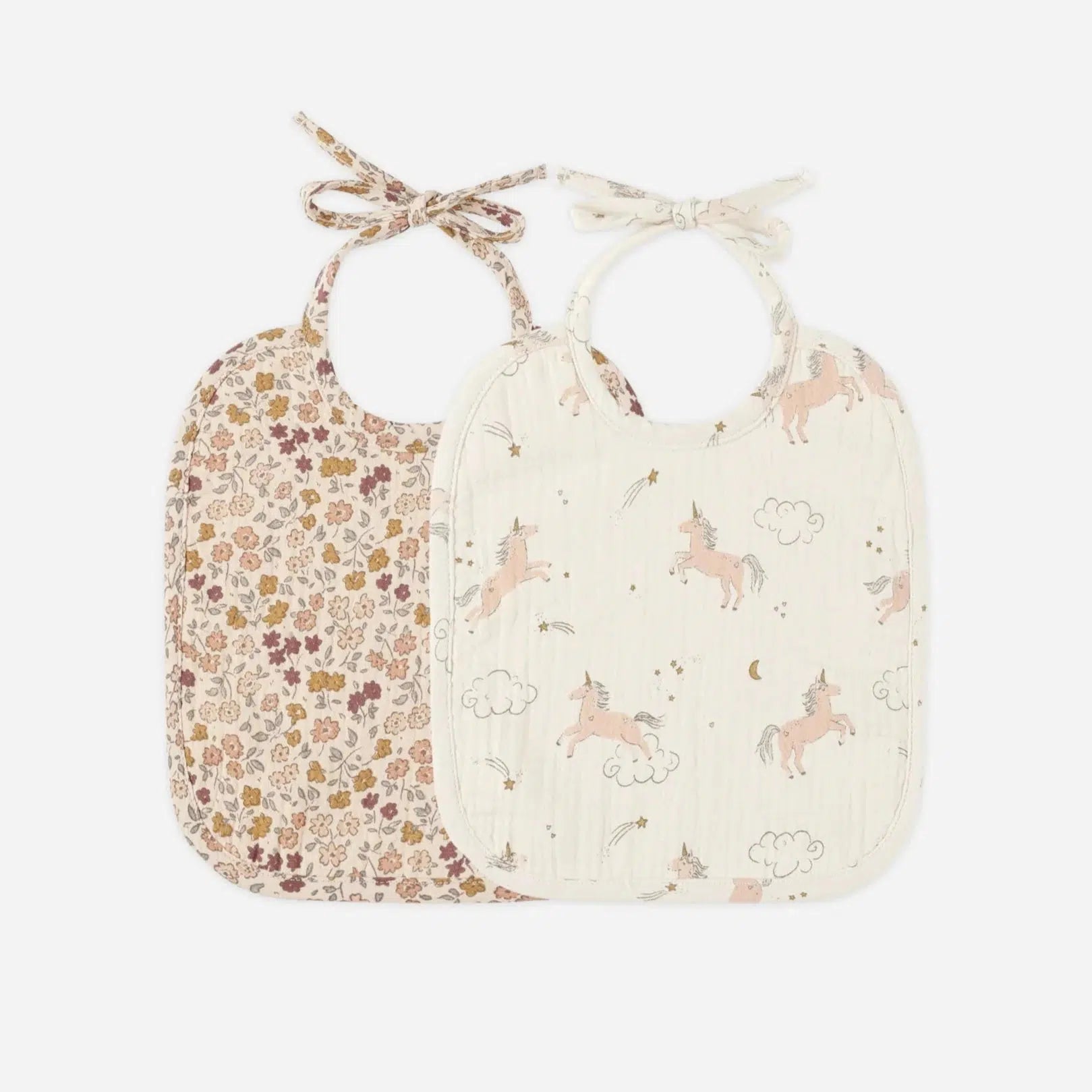 Organic Woven Tie Bib for Babies (2-Pack) - Soft Cotton Drool Bibs with Adjustable Ties, Posy & Unicorn Patterns - Perfect for Feeding, Teething & Everyday Use