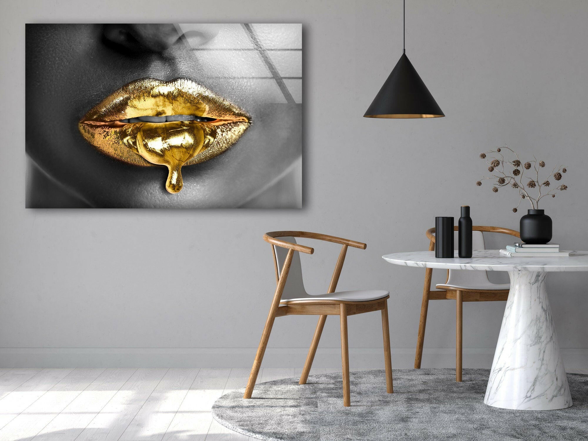 Black Woman with Gold Lips Glass Wall Art - Elegant Home Decor for Living Room, Bedroom & Office - Perfect Gift for Art Lovers