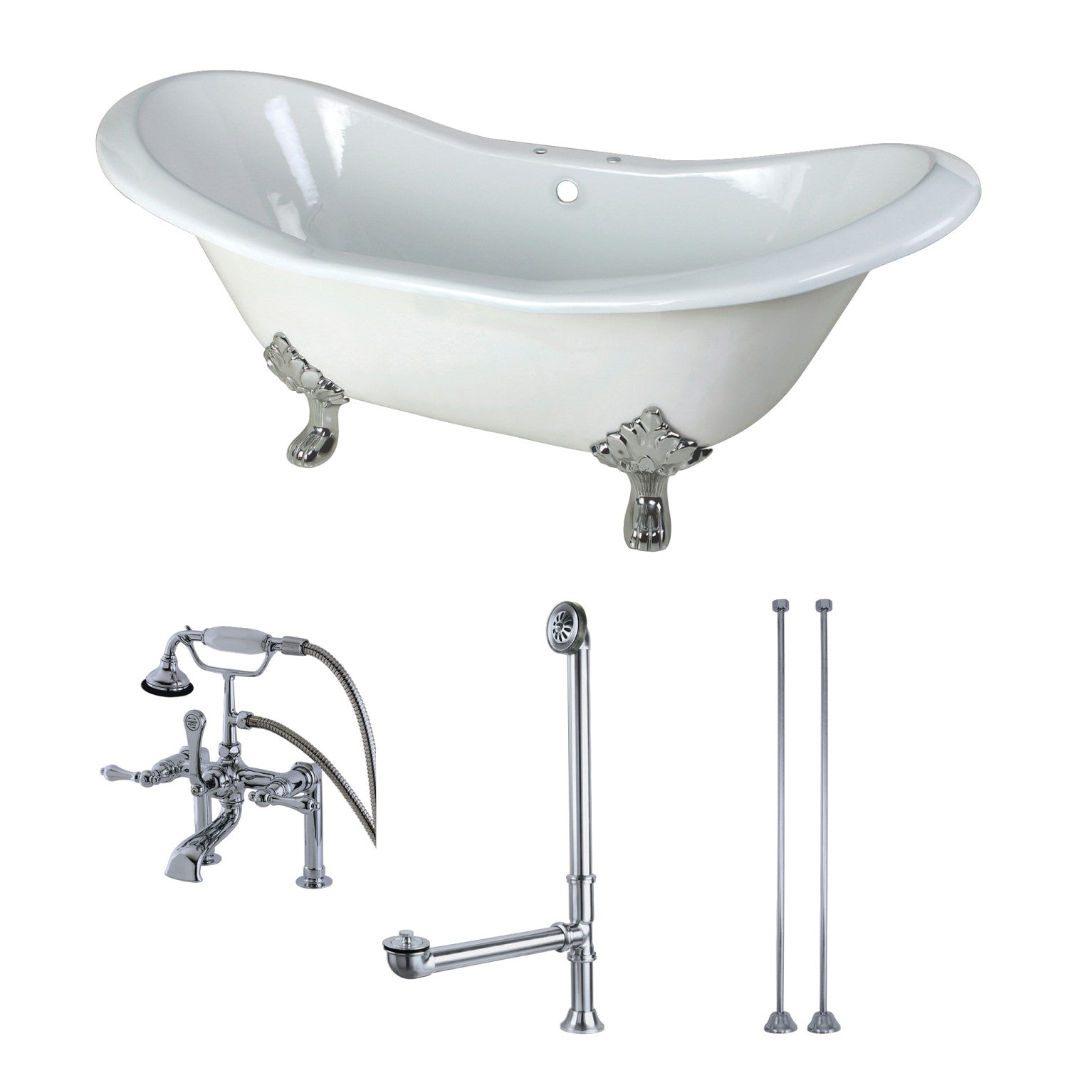 Aqua Eden 72 Inch White Oval Cast Iron Clawfoot Bathtub with Chrome Faucet, Drain & Supply Lines - Vintage Style Double Slipper Tub for Luxurious Bathroom Decor & Relaxing Spa Experience