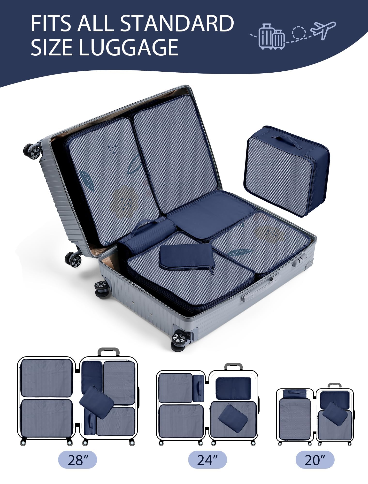 DIMJ 8-Piece Packing Cubes Set for Travel - Lightweight Luggage Organizers with Multiple Sizes for Clothes, Shoes & Toiletries (Navy Blue) | Perfect for Suitcase Organization, Business Trips & Family Vacations