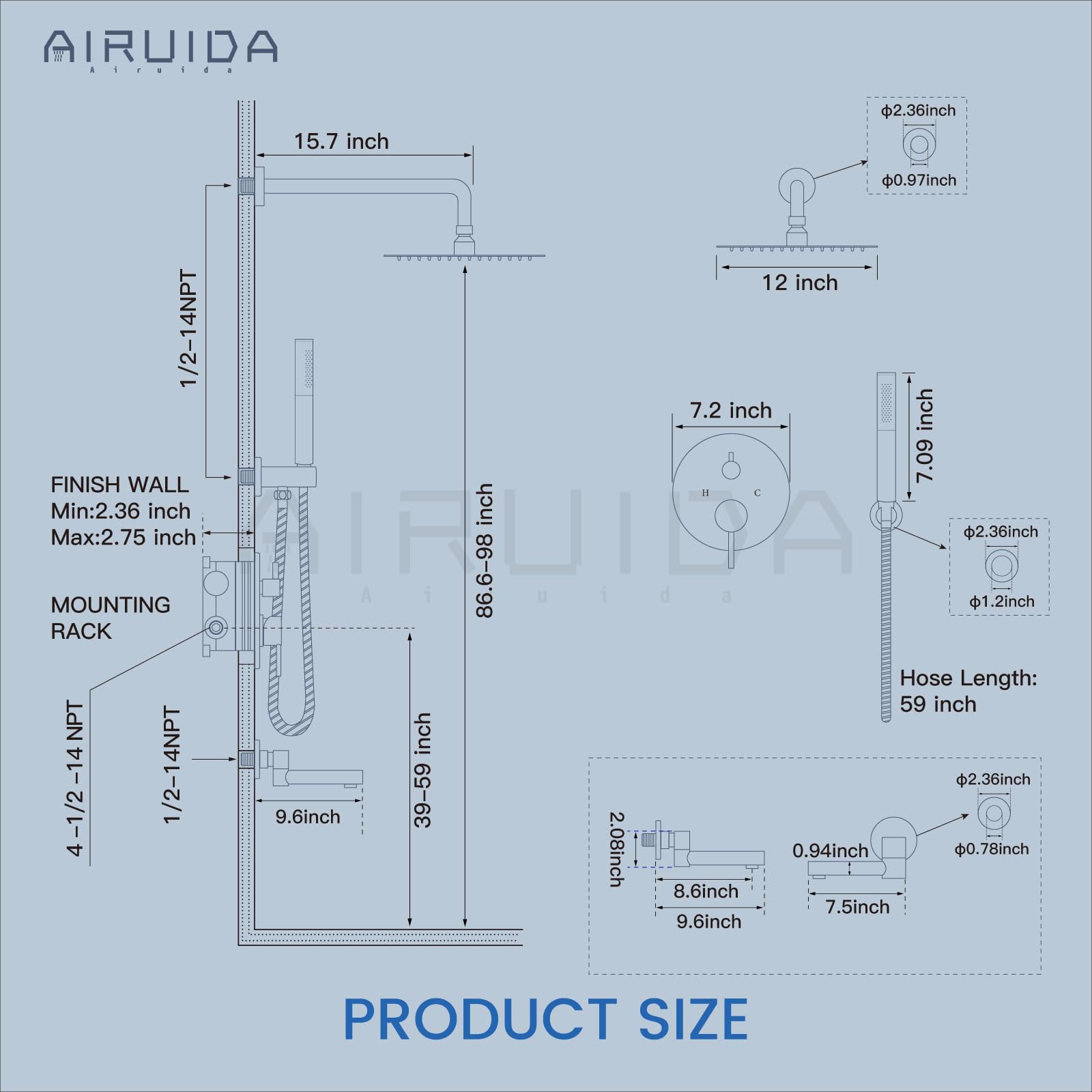 Chrome Polished 12-Inch Round Rain Shower Head & 3-Function Shower System with Handheld Spray - Airuida Tub Shower Faucet Set with Swivel Spout & Rough-in Valve for Bathroom Renovation & Spa-Like Experience