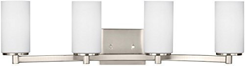 Generation Lighting 4-Light Hettinger Bath Fixture Wall Sconce in Brushed Nickel 4439104EN3-962 | Title 24 Compliant Bathroom Wall Light for Modern Decor | Compatible with A19 Standard & LED Bulbs | Perfect for Bathroom Vanity, Powder Room & Spa Lighting