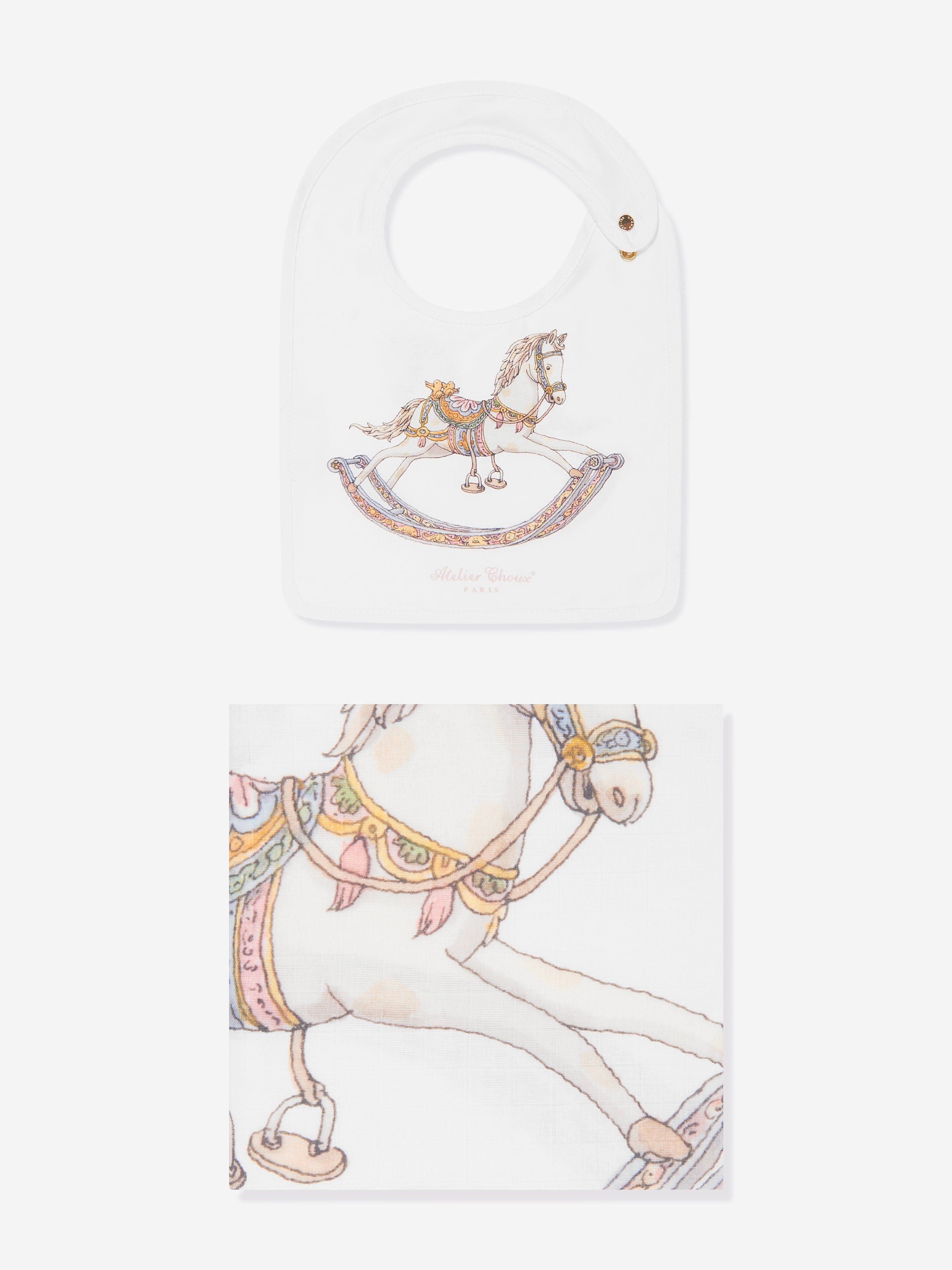 Atelier Choux Baby Rocking Horse Swaddle & Satin Bib Gift Set - Premium White Cotton Newborn Essentials for Shower & Nursery Decor