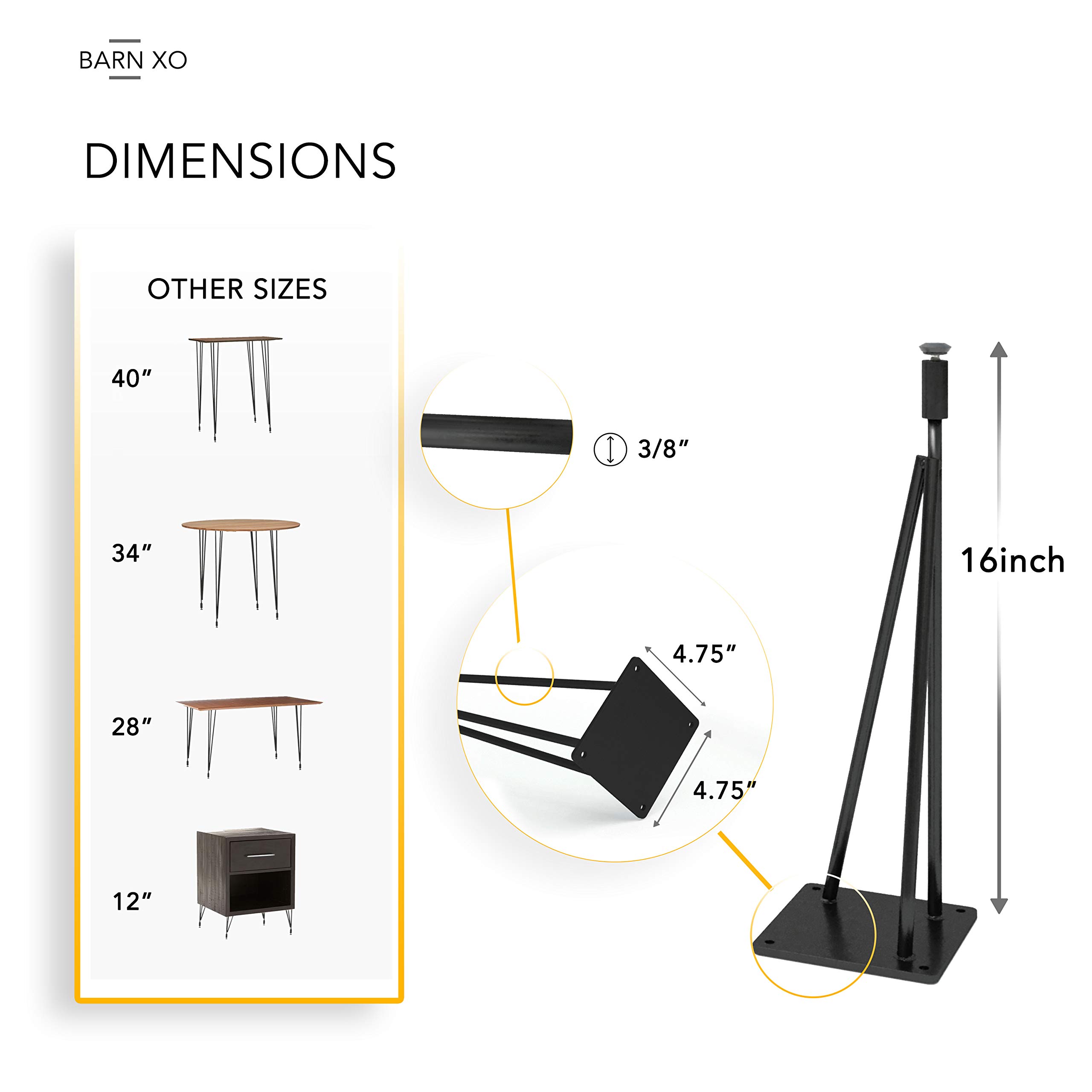 Industrial Metal Hairpin Table Legs Set of 4 - Modern 3-Rod Design, Raw Steel & Flat Black Finish (16