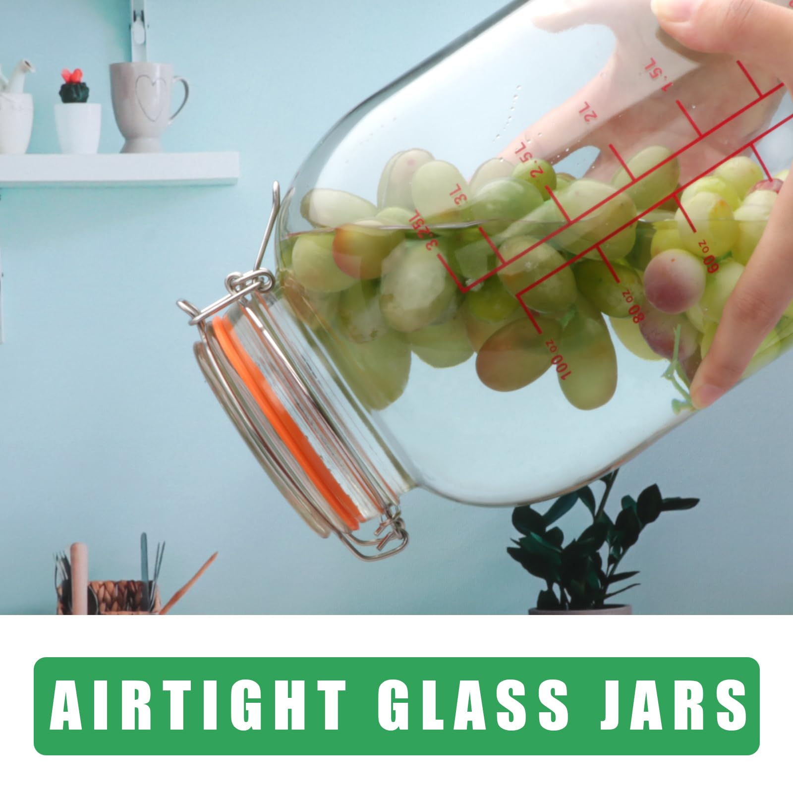 1-Gallon Round Glass Storage Jars with Hinged Lids - Wide Mouth Canning Jars with Scoop & Measurement Marks - Large Glass Containers for Fermenting, Pasta, Pickles, Sun Tea - Perfect for Kitchen, Pantry & Home Organization