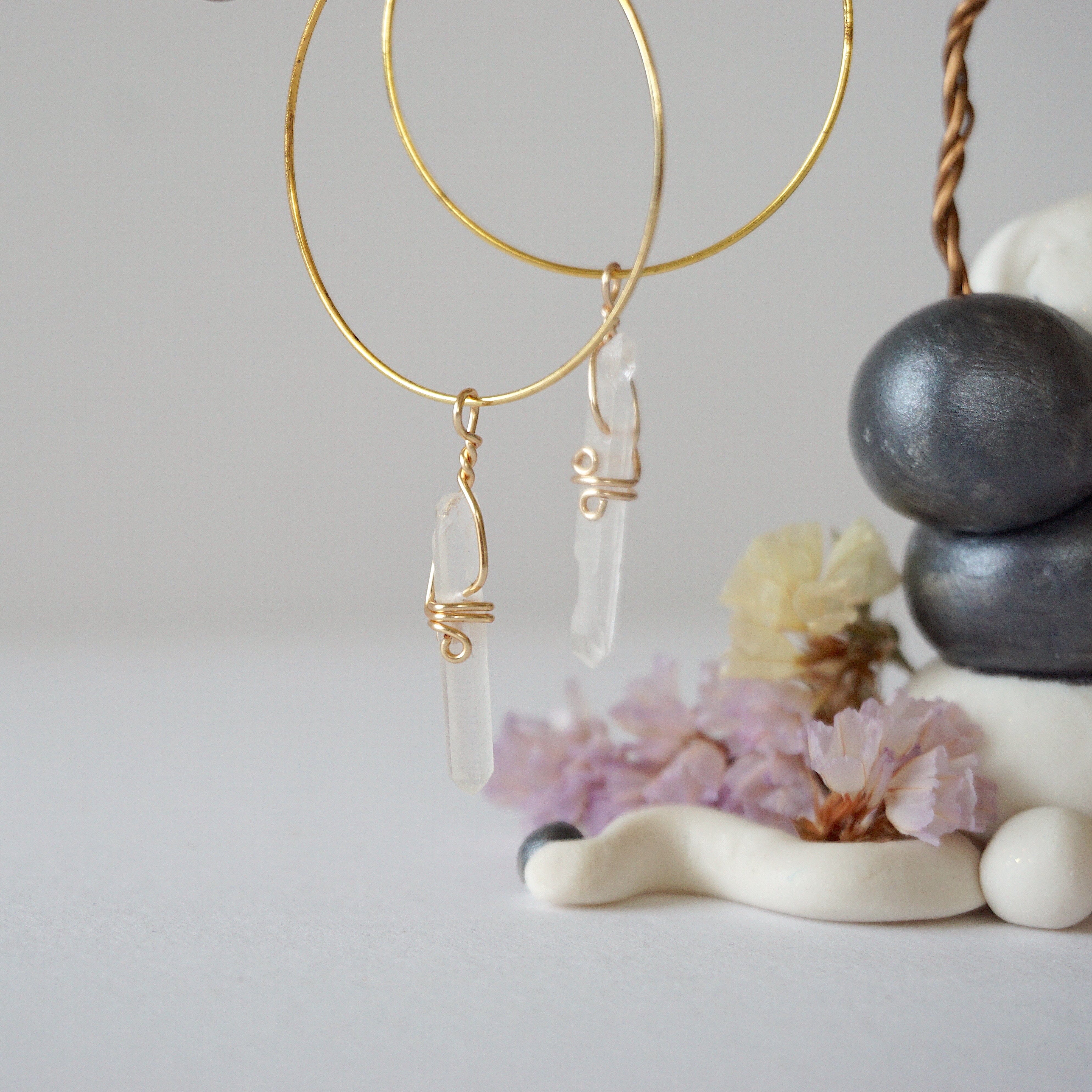 Gold Plated Clear Quartz Charm Hoop Earrings for Women – Elegant Boho Jewelry for Everyday Wear & Special Occasions