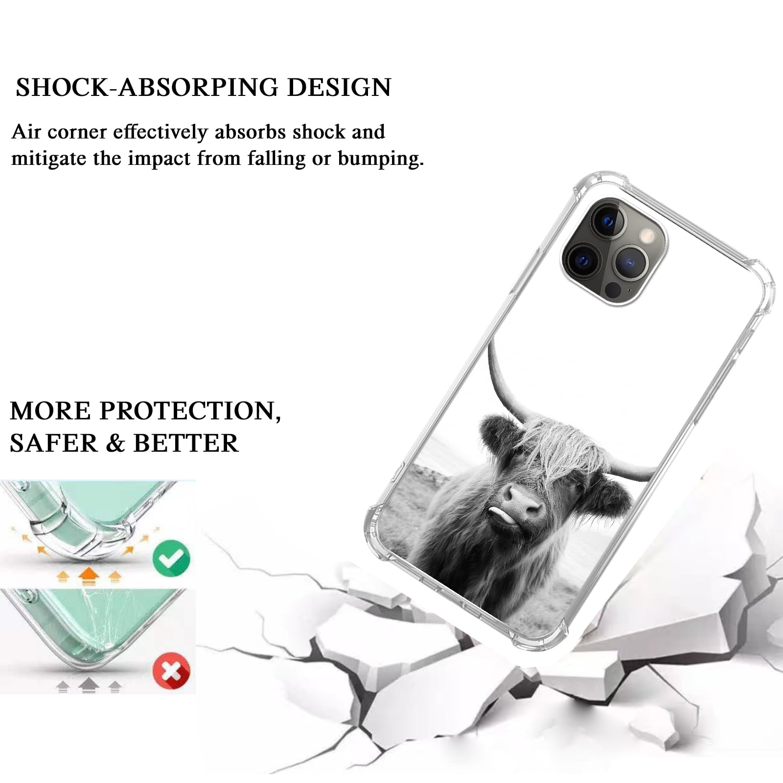 Highland Cattle iPhone 13 Pro Max Case - Black & White Scottish Cow Design | Cute & Cool TPU Bumper Phone Cover | Perfect for Farm Lovers & Country Style Enthusiasts
