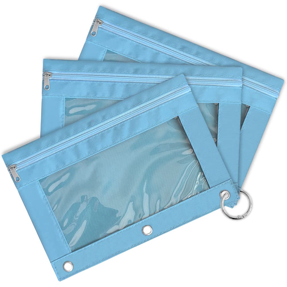 3-Pack Multi-Color Large Capacity Pencil Pouch with Zipper Closure & Clear Window - 3 Ring Binder Pencil Case with Reinforced Grommets (Sky Blue) - Perfect for School, Office & Art Supplies Organization